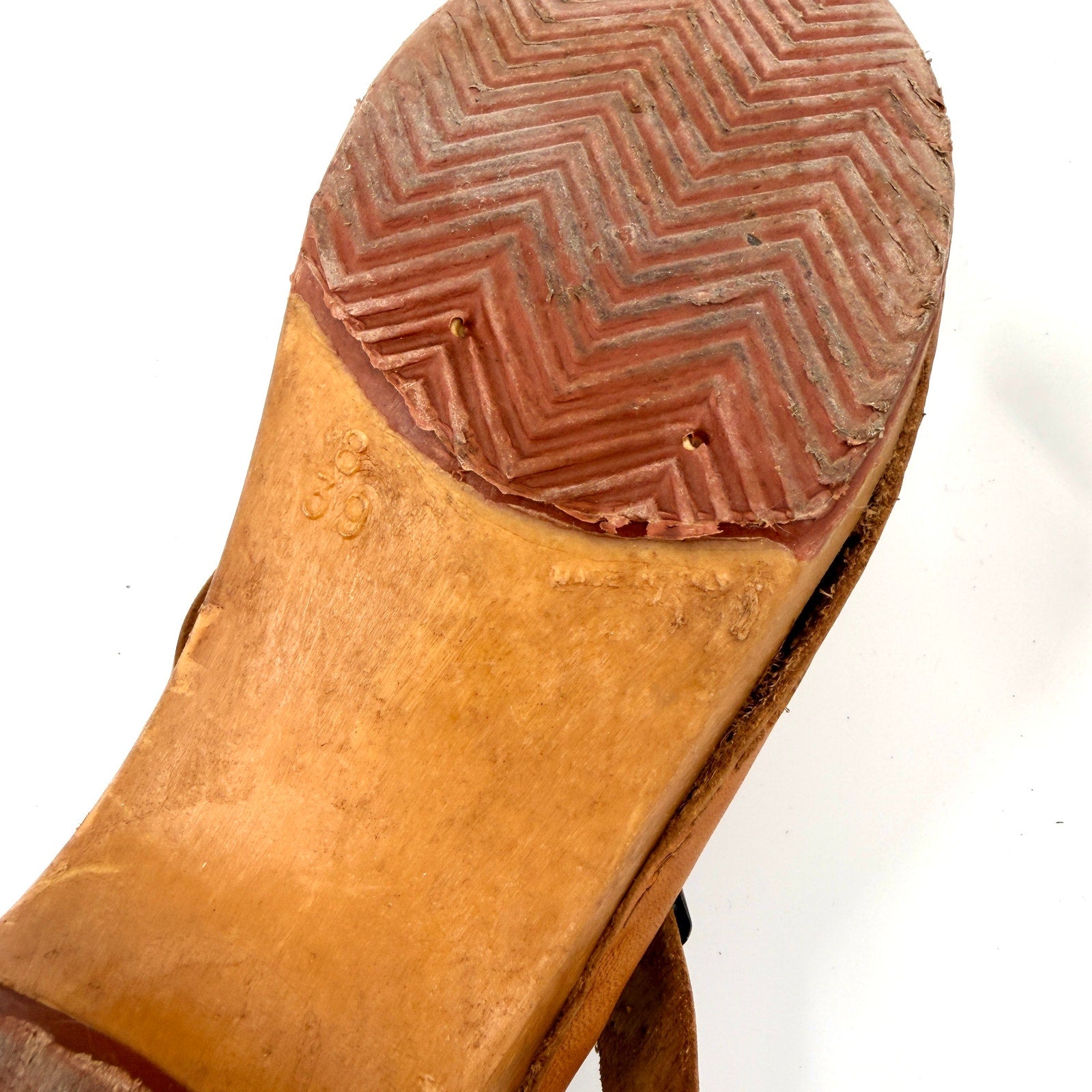 Vintage 70s Made in Italy Tan Leather Faux Wood Platform Clogs
