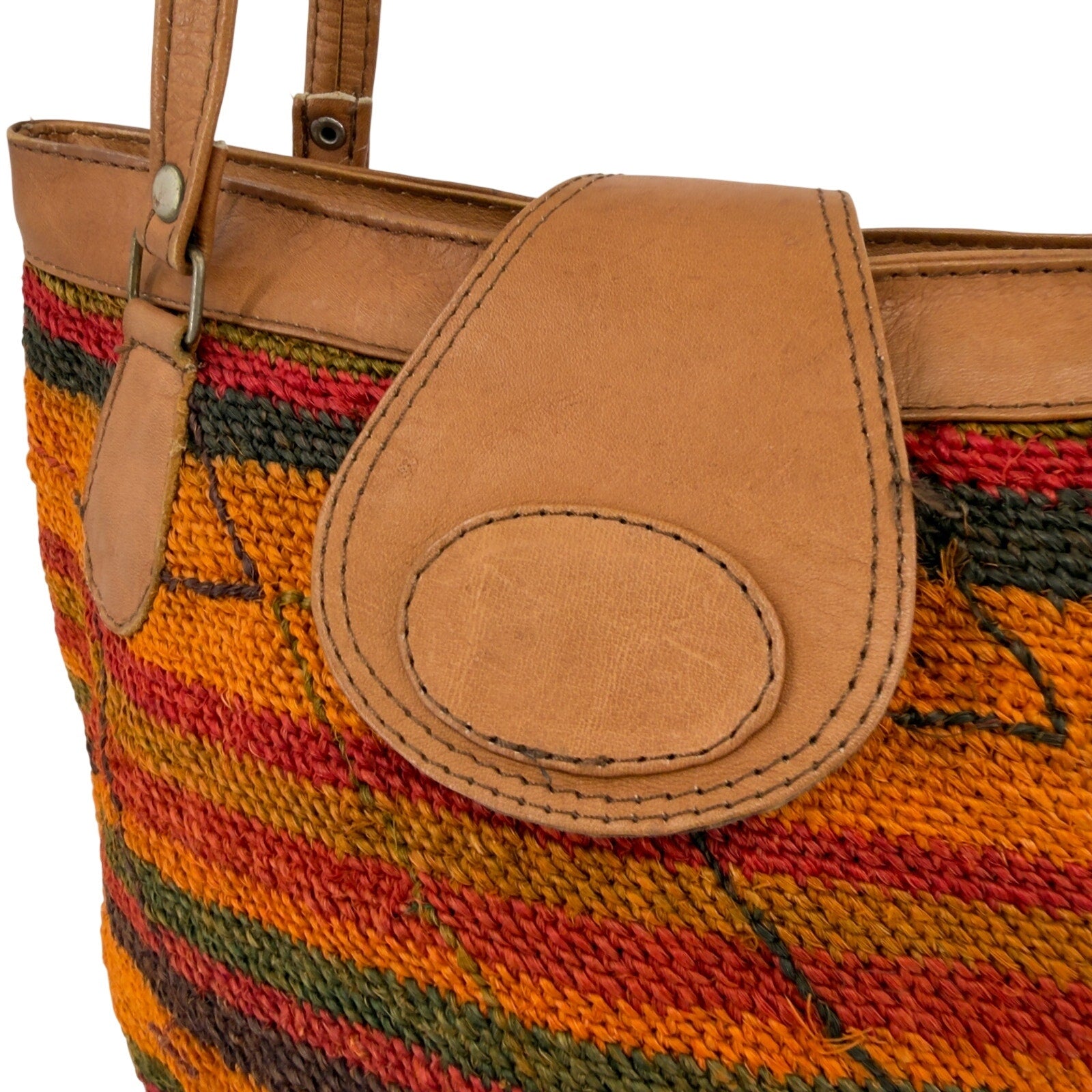 Vintage 80s Multicolor Woven Genuine Leather Trim Round Shoulder Bag