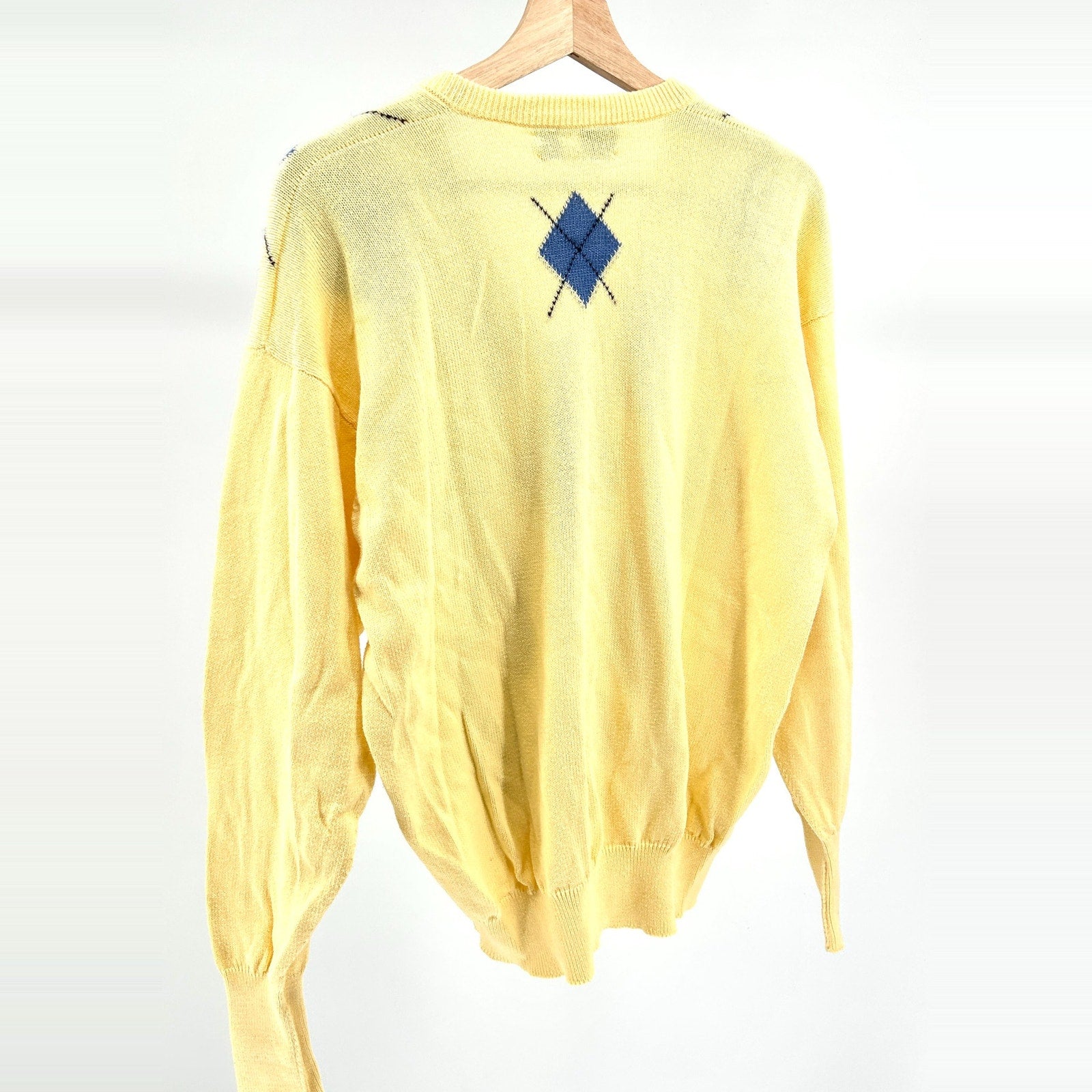Vintage 90s Clark & Gregory Yellow 100% Cotton Argyle Knit Sweater