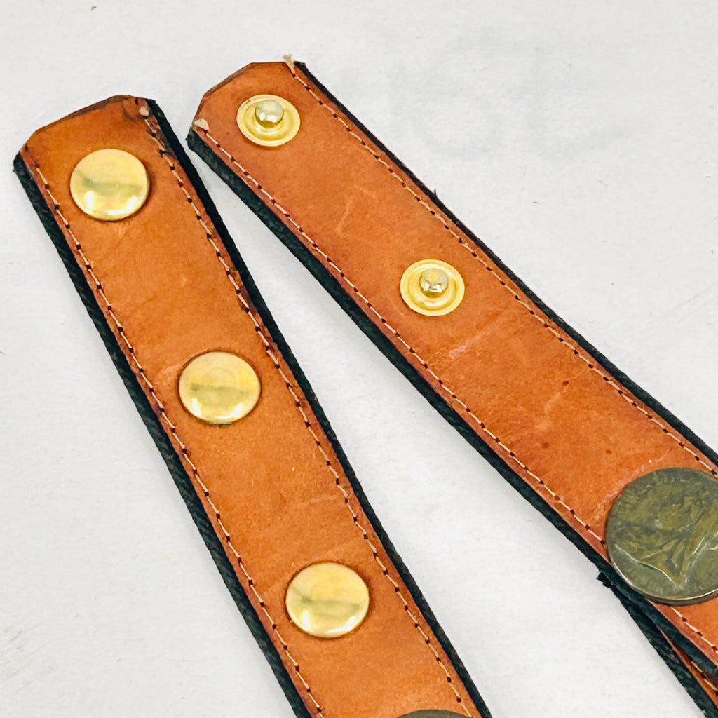 Vintage 80s Queen Victoria Coin Tan Faux Leather & Gold Mesh Belt