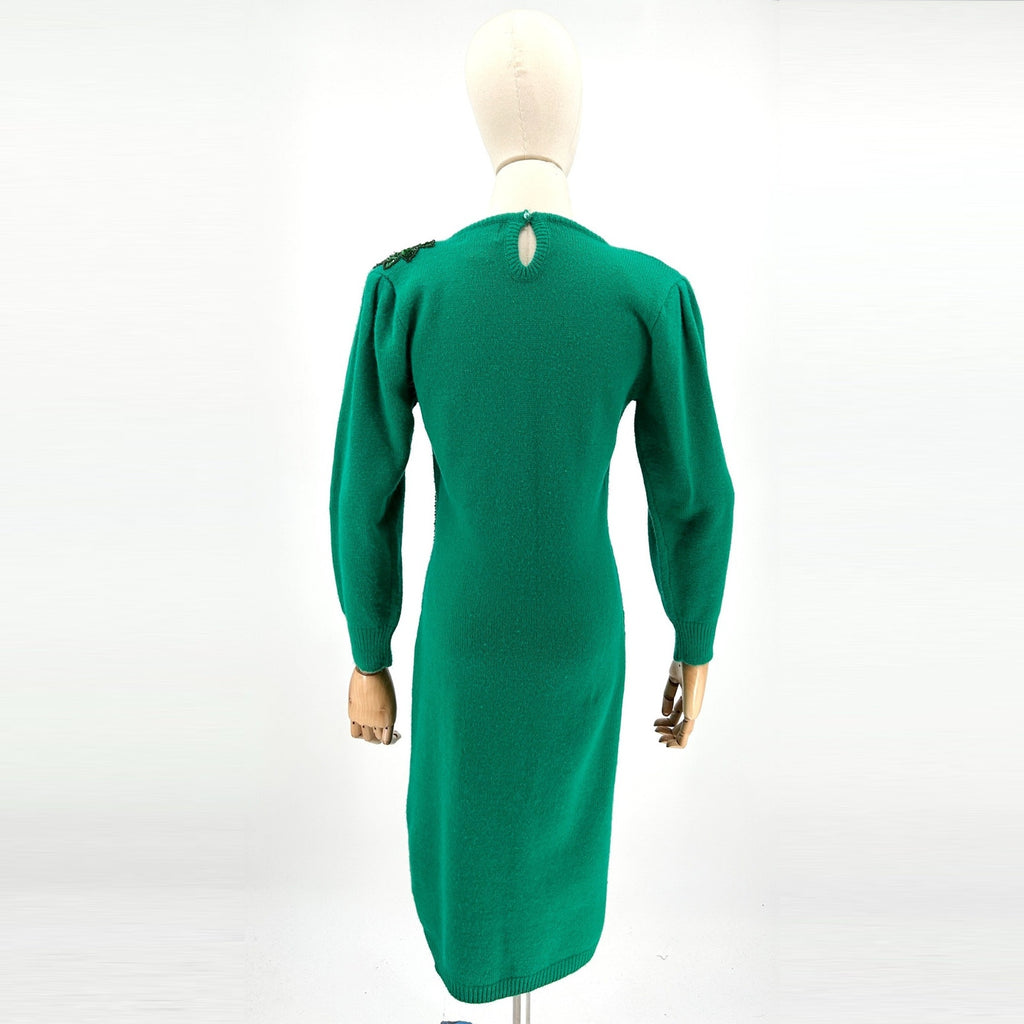 Vintage 80s Interim Green Sequin Shoulder Pad Knit Sweater Dress