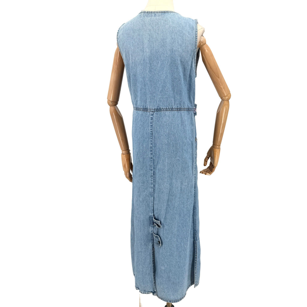 Vintage 90s Jane Ashley Blue Cotton Pink Floral Embroidered Denim Maxi Dress