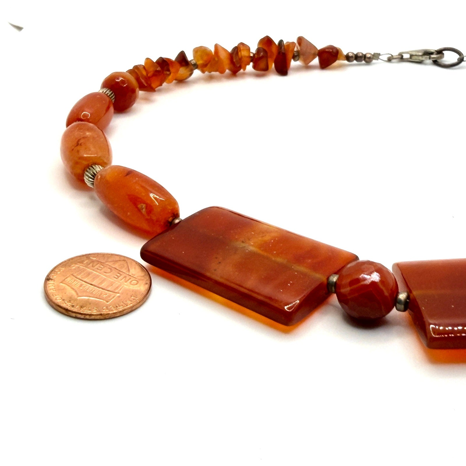 Vintage 90s Carnelian Orange Mixed Bead Slab Station Statement Necklace