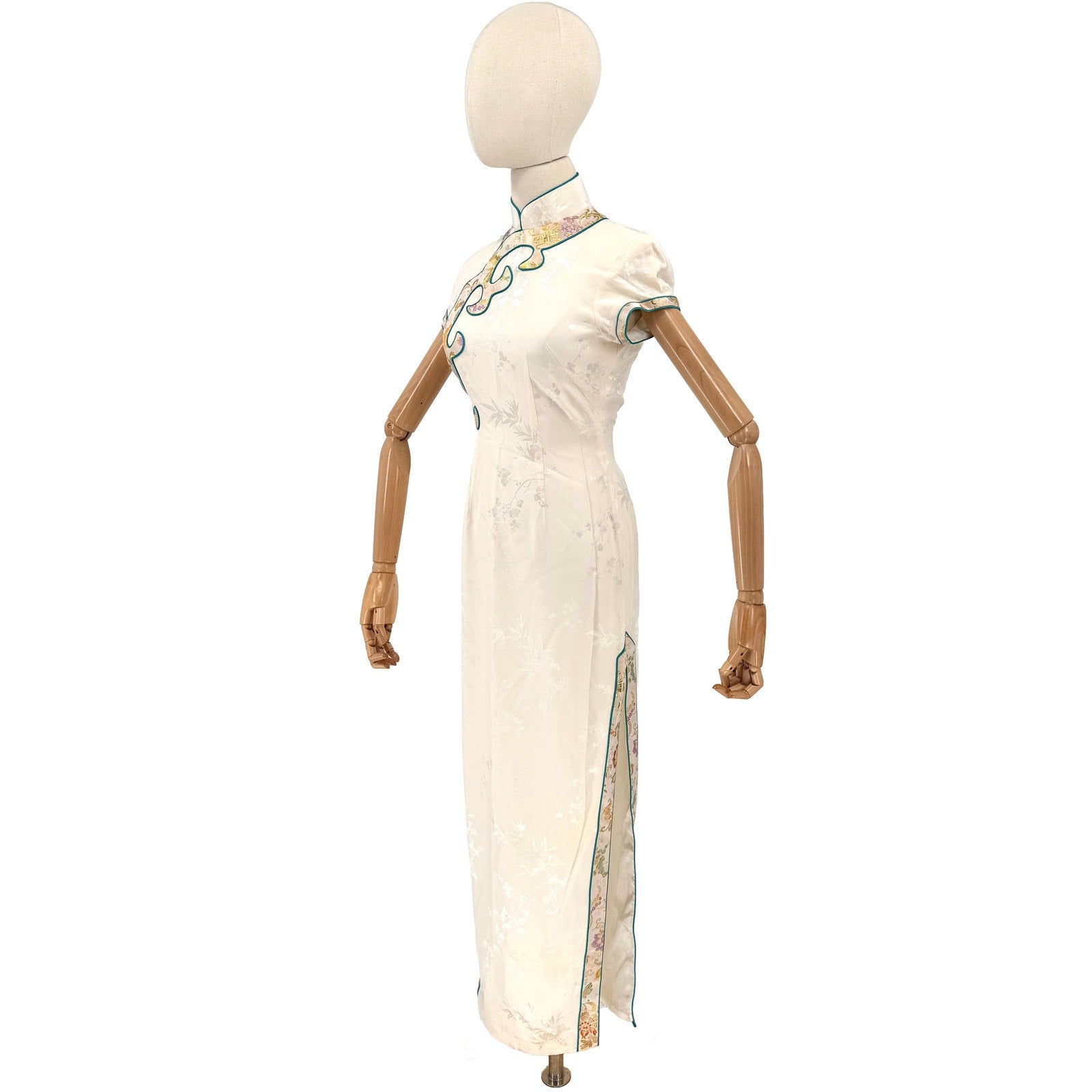 Vintage 90s Cream 100% Silk Brocade Trim Cheongsam Qipao Maxi Dress