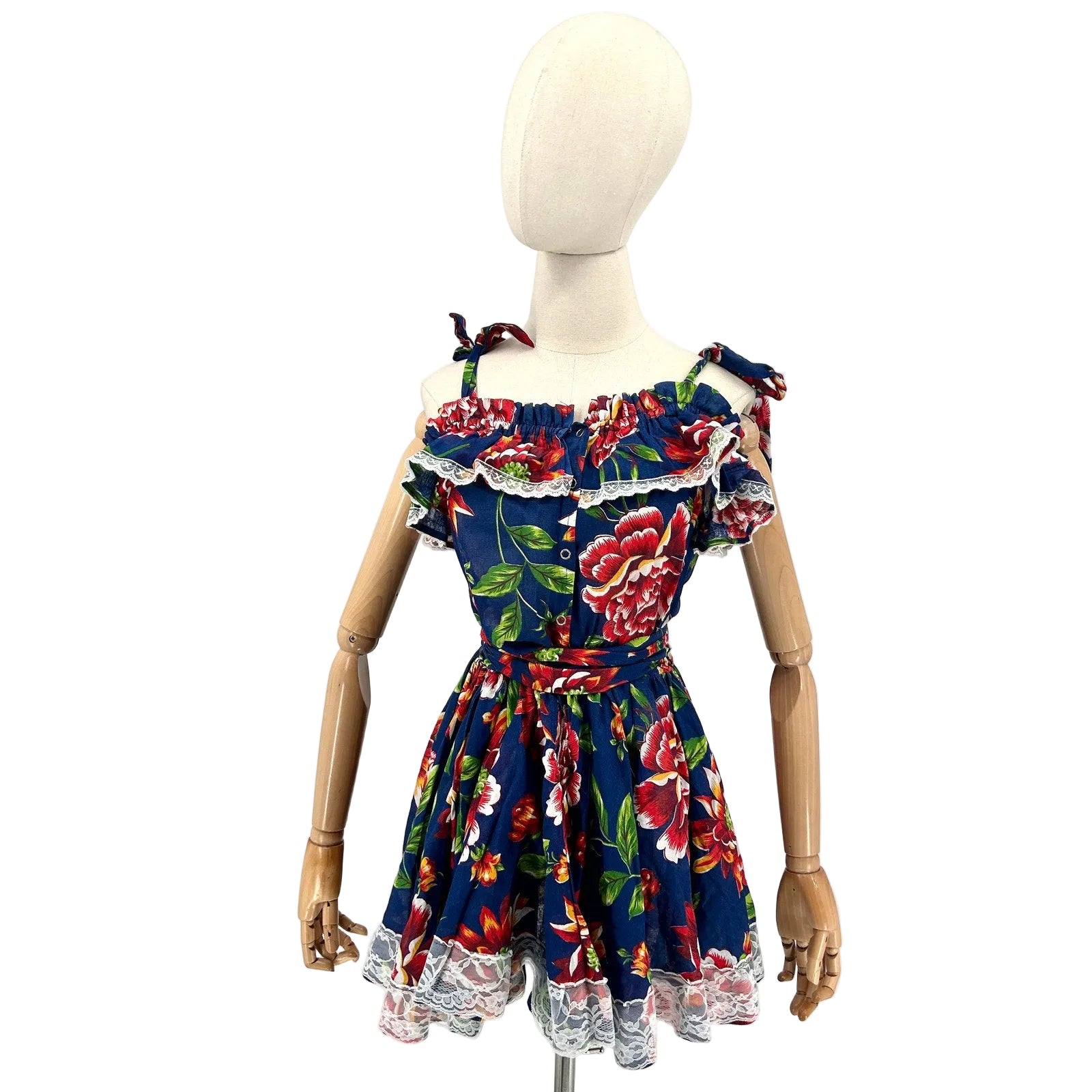 Vintage Navy Blue Floral Pin-Up Off-Shoulder Peasant Mini Dress