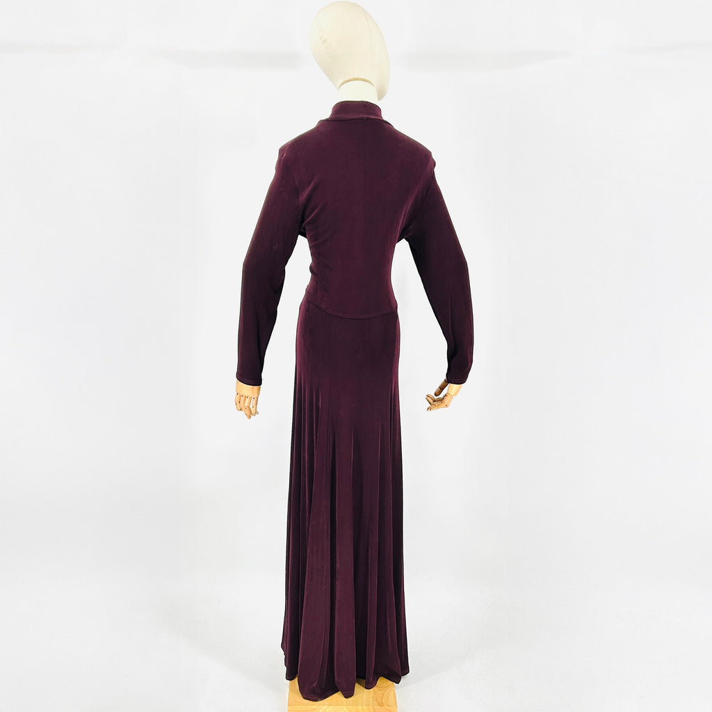 Vintage 90s Double D Ranch Burgundy Western Asymmetrical Mock Neck Maxi Dress