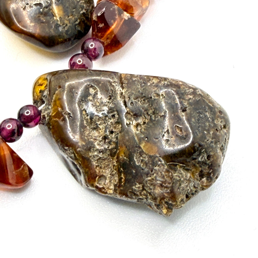 Vintage 90s Raw Amber Garnet Organic Double Strand Toggle Statement Necklace