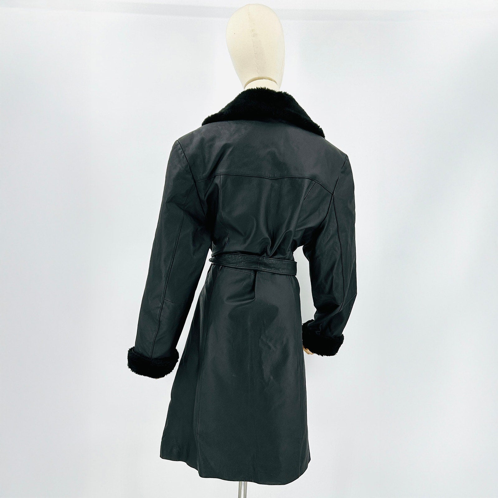 Vintage Y2K KC Collections Black Genuine Leather Faux Fur Trim Wrap Trench Coat