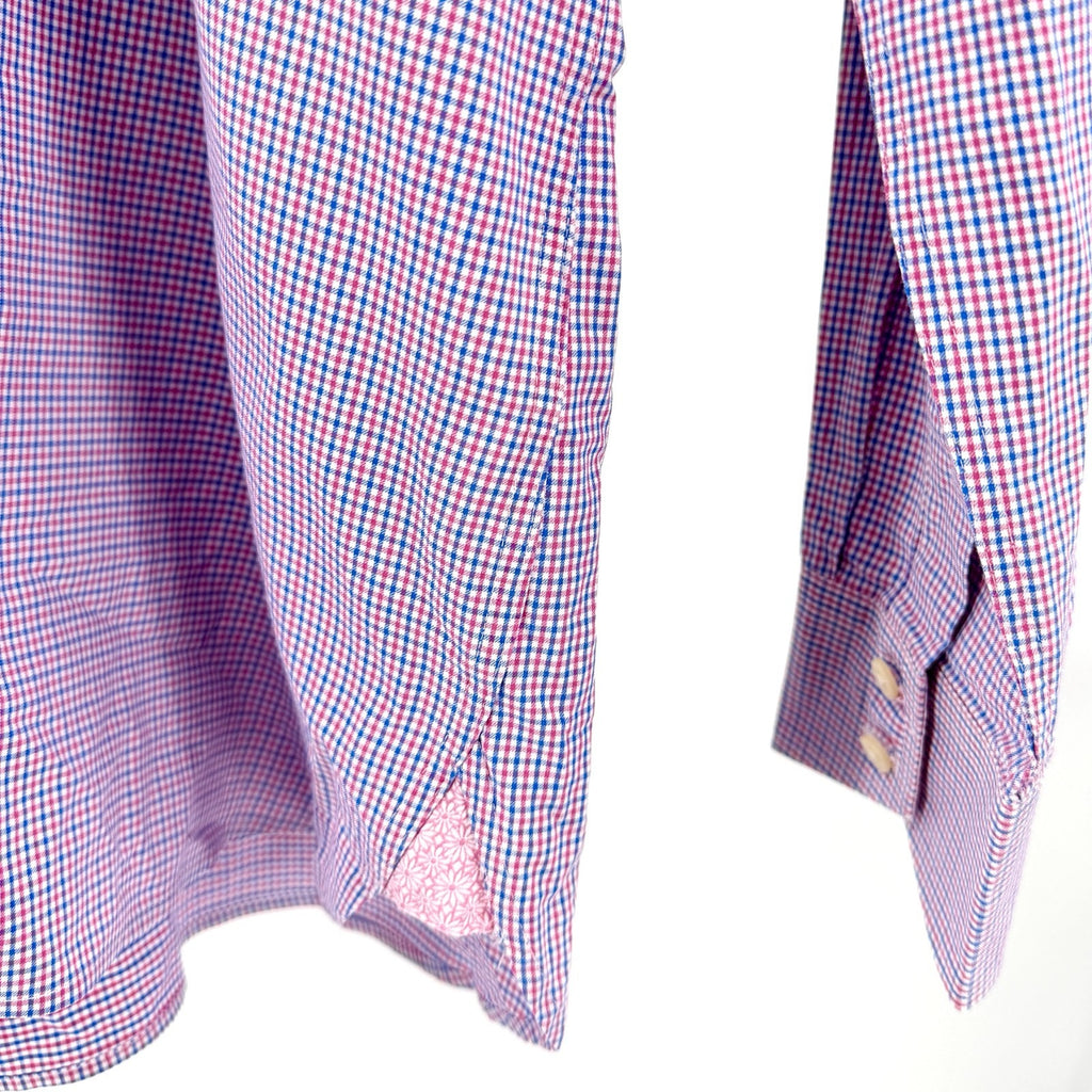 Ted Baker Endurance Pink Blue Check 100% Cotton Floral Trim Dress Shirt
