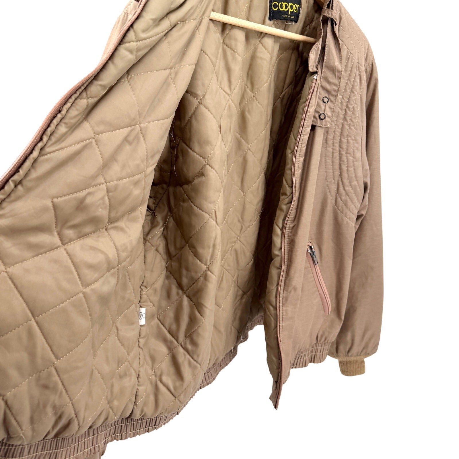 Vintage 80s Cooper Tan Cafe Racer Full Zip Quilted Lined Bomber Jacket