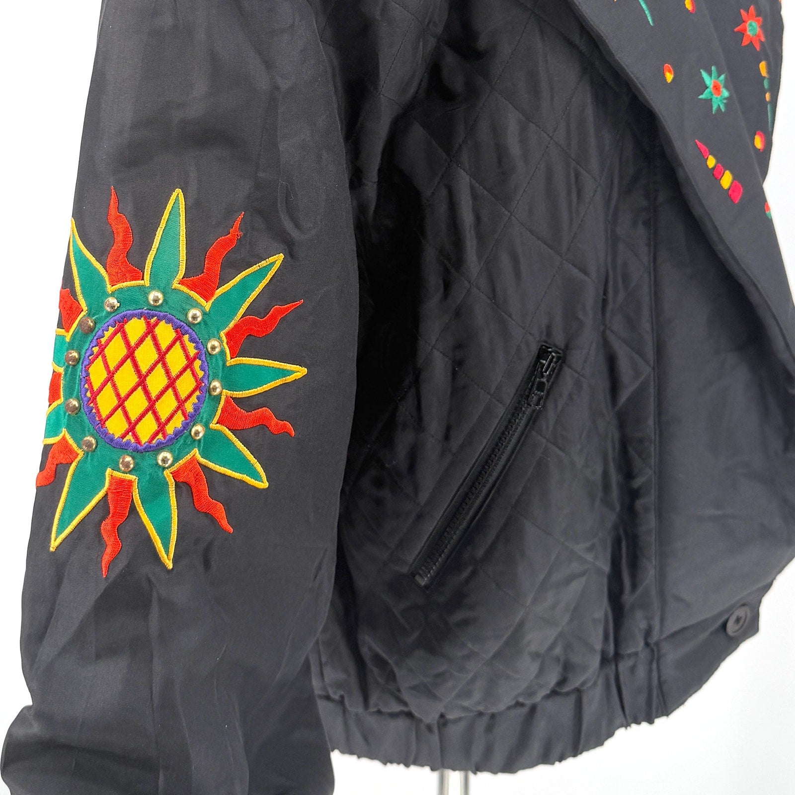Vintage 90s I.B. Diffusion Black 100% Silk Embroidered Studded Bomber Jacket