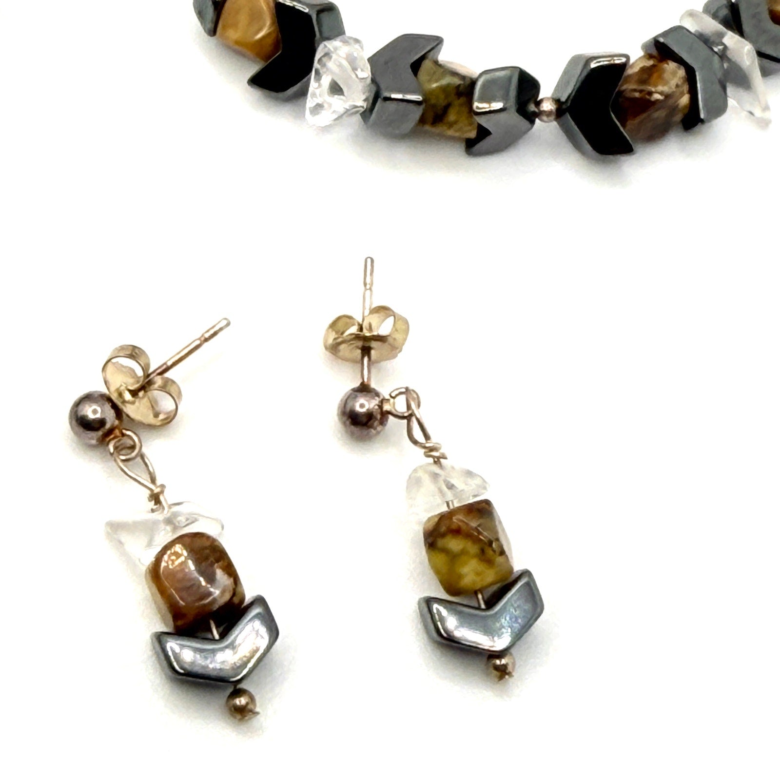 Vintage 90s Hematite Chevron Quartz Stone Necklace Bracelet Earring Set