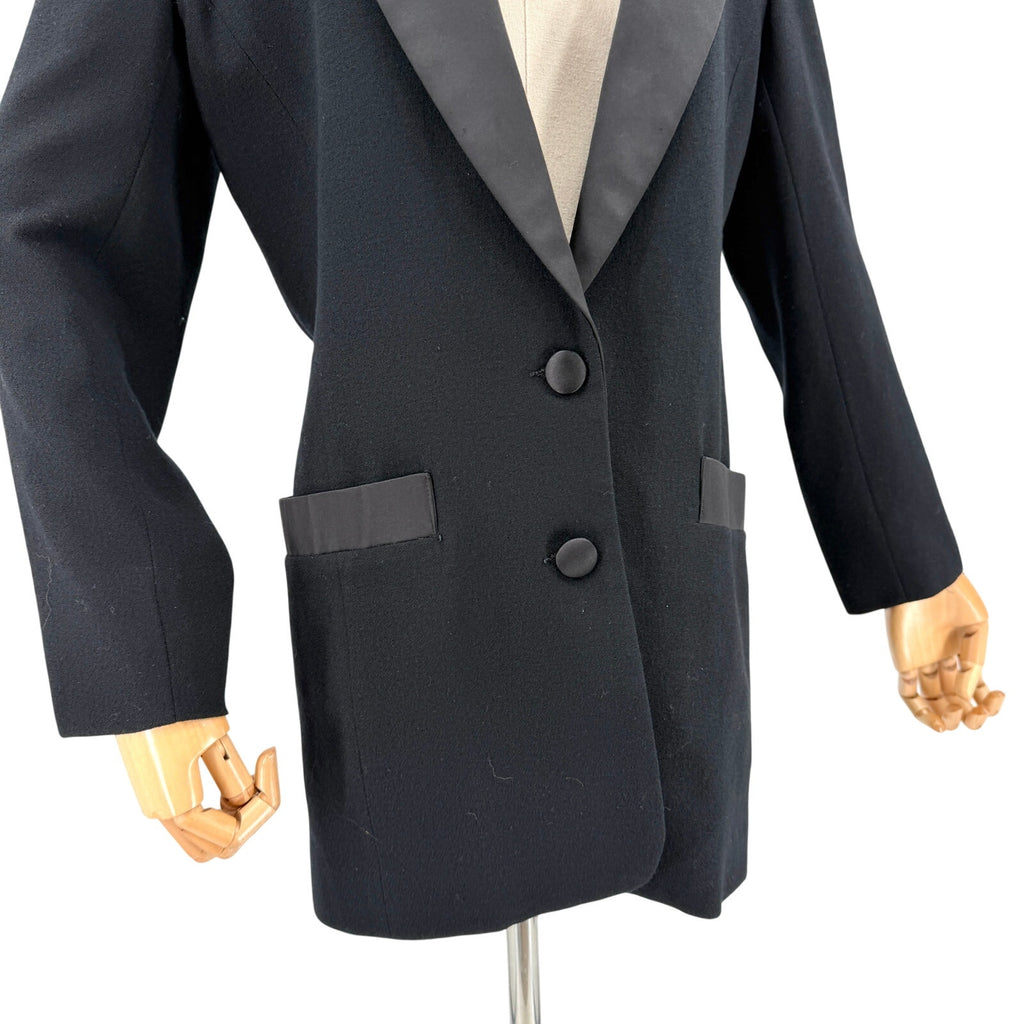 Vintage 80s David Eliot Black 100% Wool Oversized Satin Lapel Tuxedo Blazer