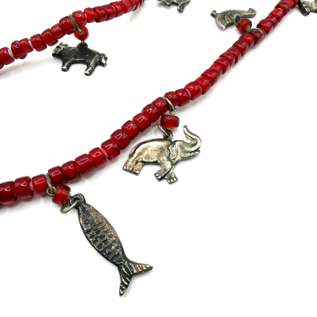 Vintage 90s Red Glass Beaded Safari Animal Multi Charm Necklace