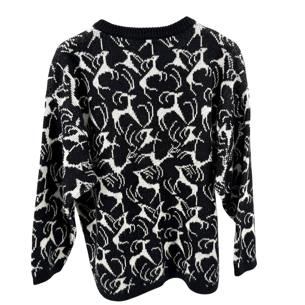 Vintage 80s Benetton Black White 100% Wool Reindeer Motif Crew Neck Sweater