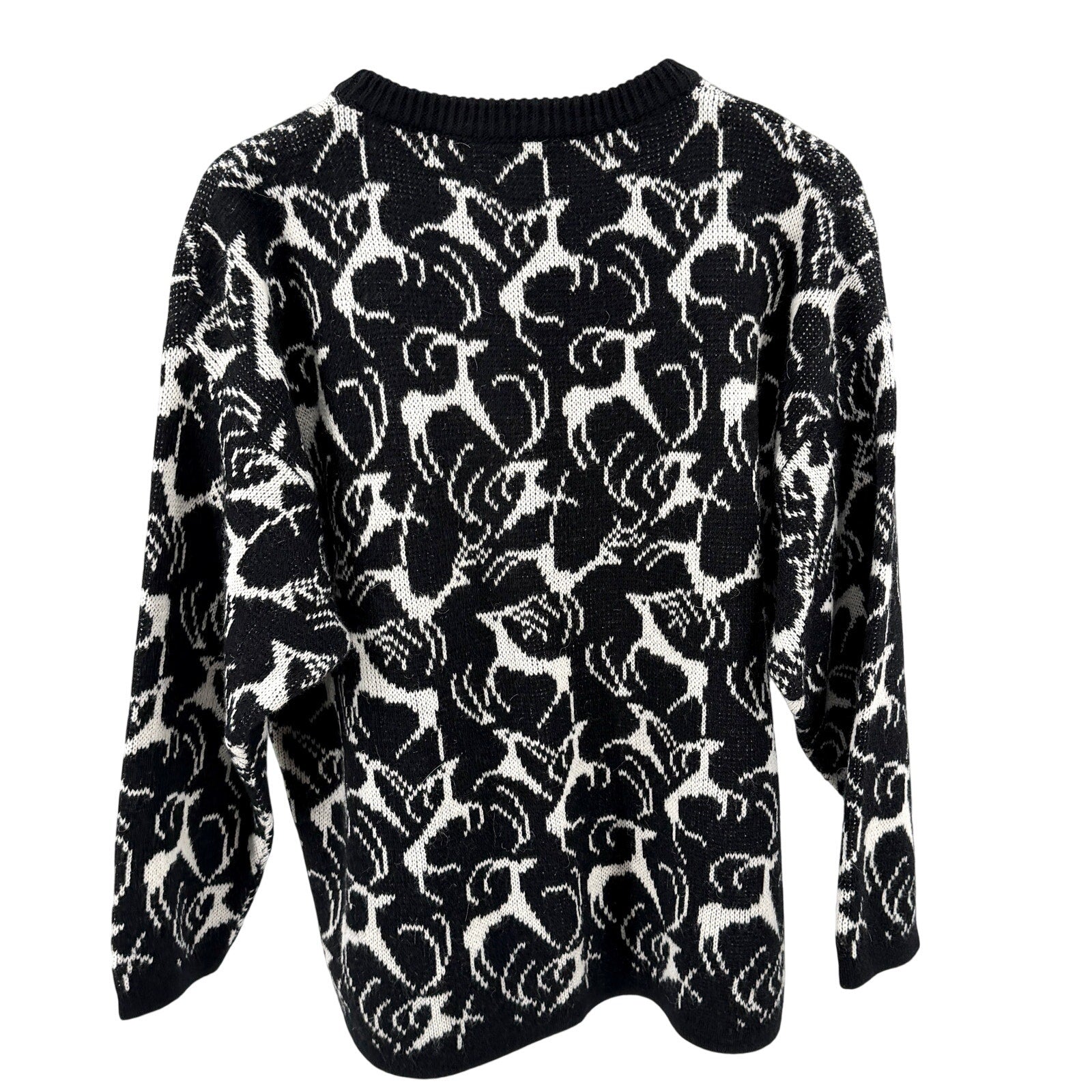 Vintage 80s Benetton Black White 100% Wool Reindeer Motif Crew Neck Sweater