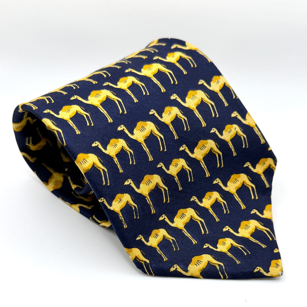 Vintage 90s Navy Silk Gold Camel Novelty Necktie