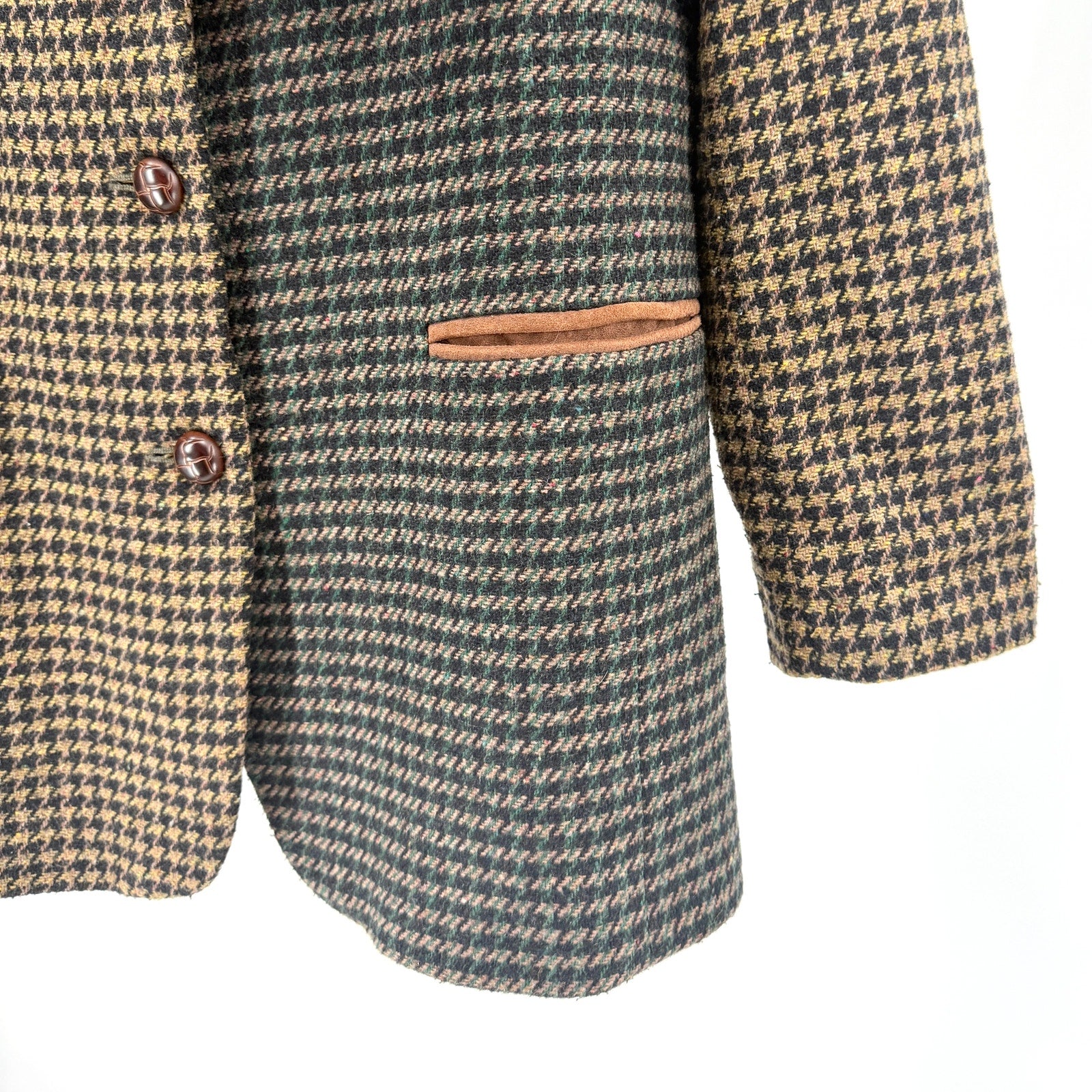 Vintage 90s JL Colebrook Tan Green Houndstooth Suede Trim Blazer