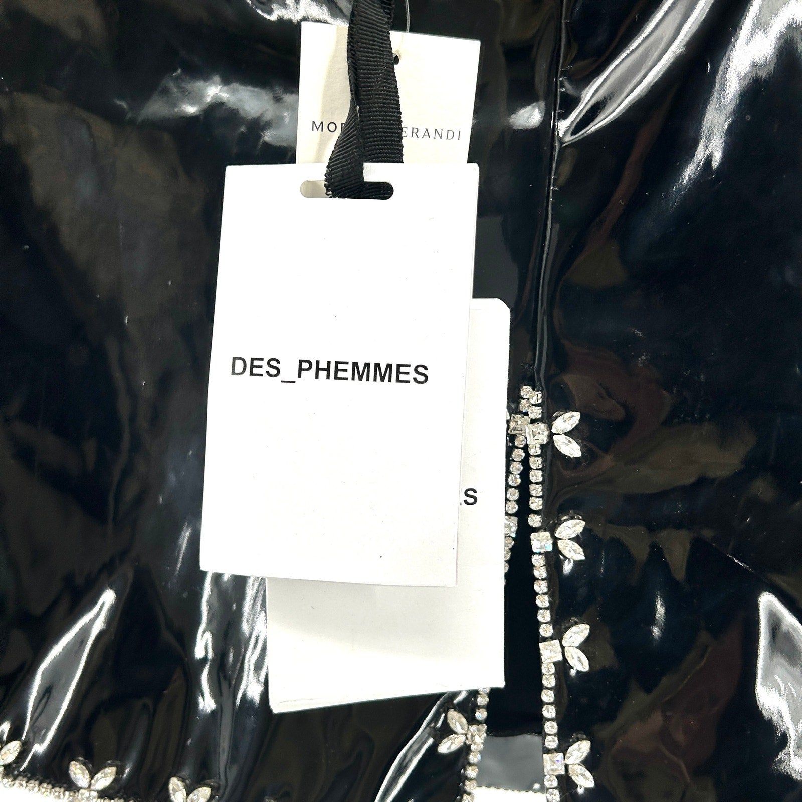 NWT DES PHEMMES Black Vinyl Crystal Embellished Micro Mini Skirt