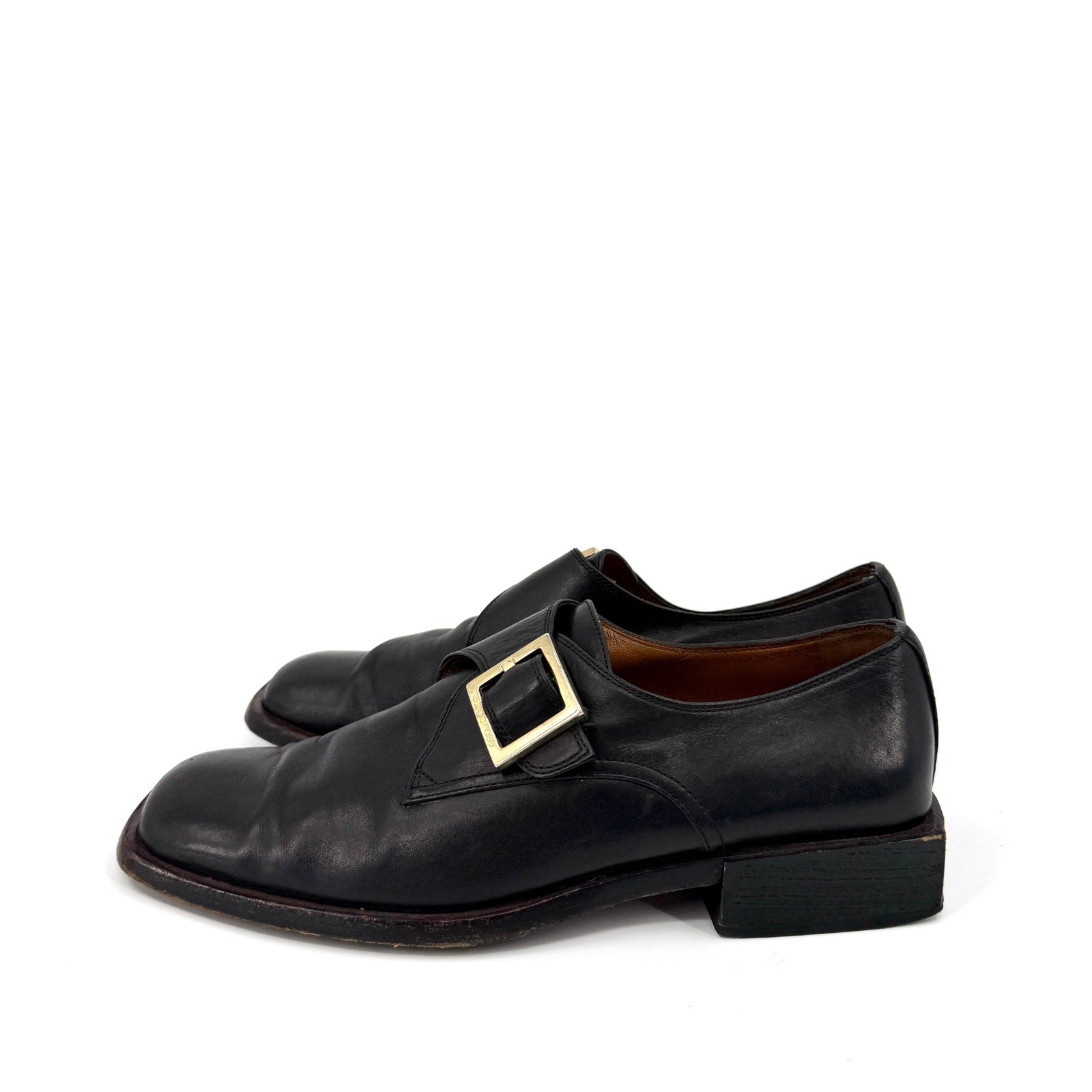 Vintage 90s Sergio Rossi Black Genuine Leather Square Toe Buckle Shoes