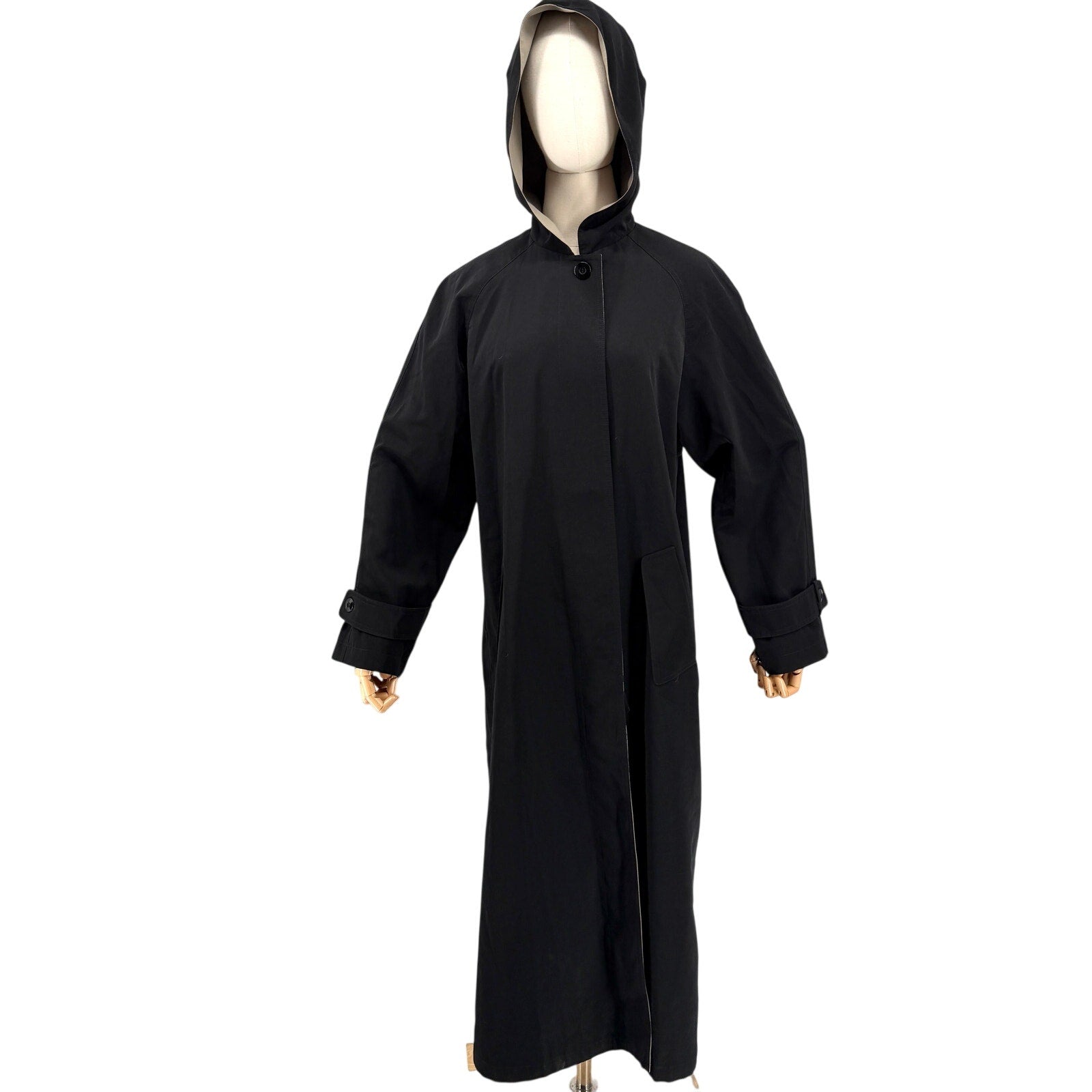 Vintage 90s Gallery Black Minimalist Hooded Duster Raincoat Trench Jacket