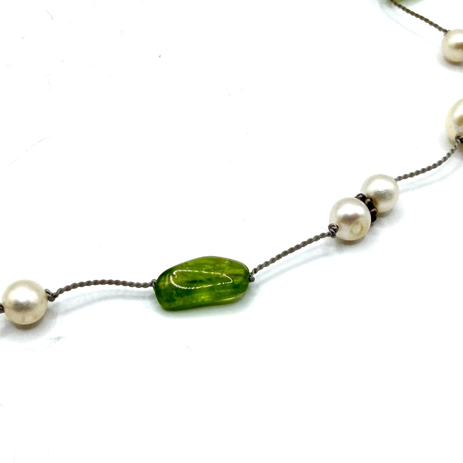 Vintage 90s Sterling Silver Peridot Freshwater Pearl Floating Strand Necklace