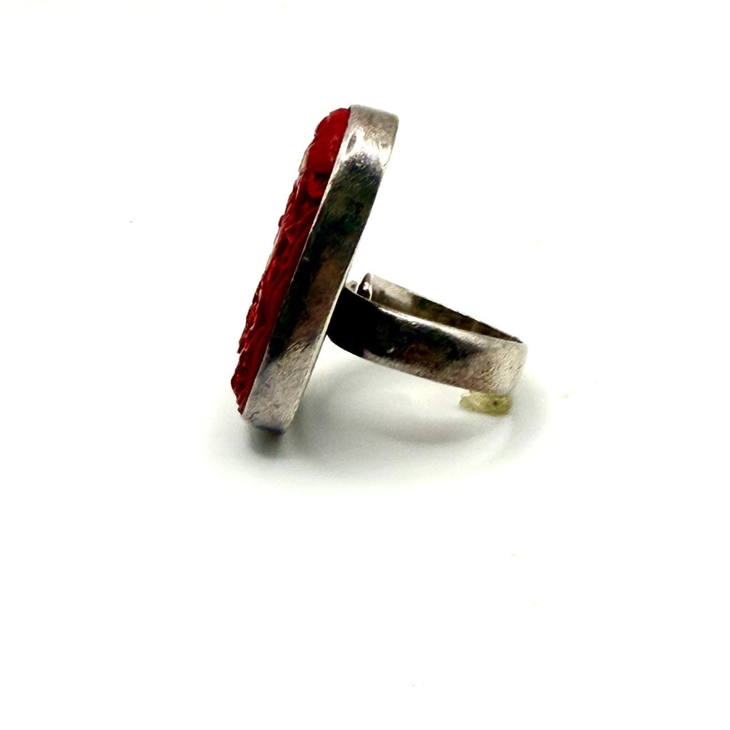 Vintage 90s Carved Cinnabar Sterling Silver Bird & Floral Statement Ring