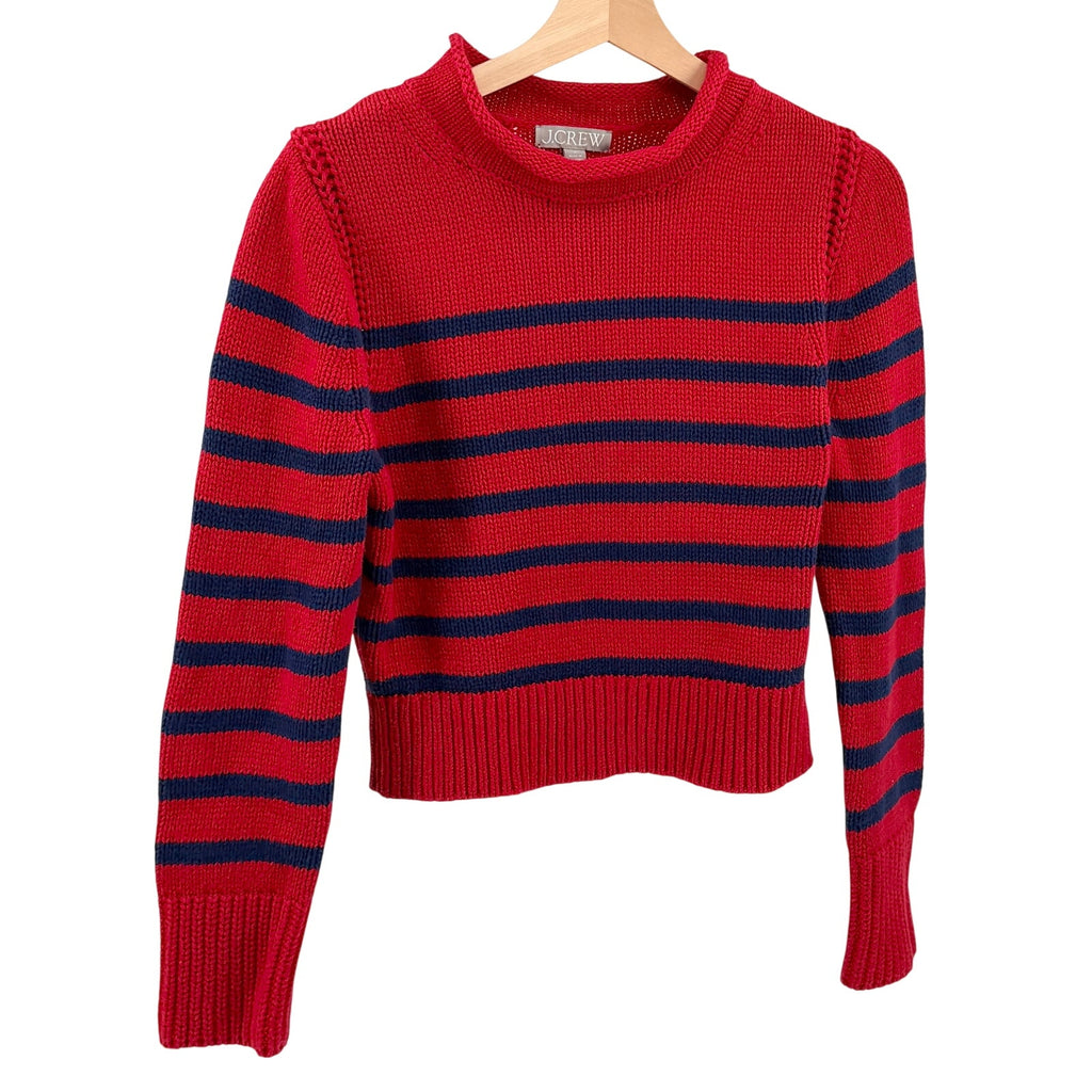 J.Crew Red Navy Blue 100% Cotton Striped Roll Top Mock Neck Sweater