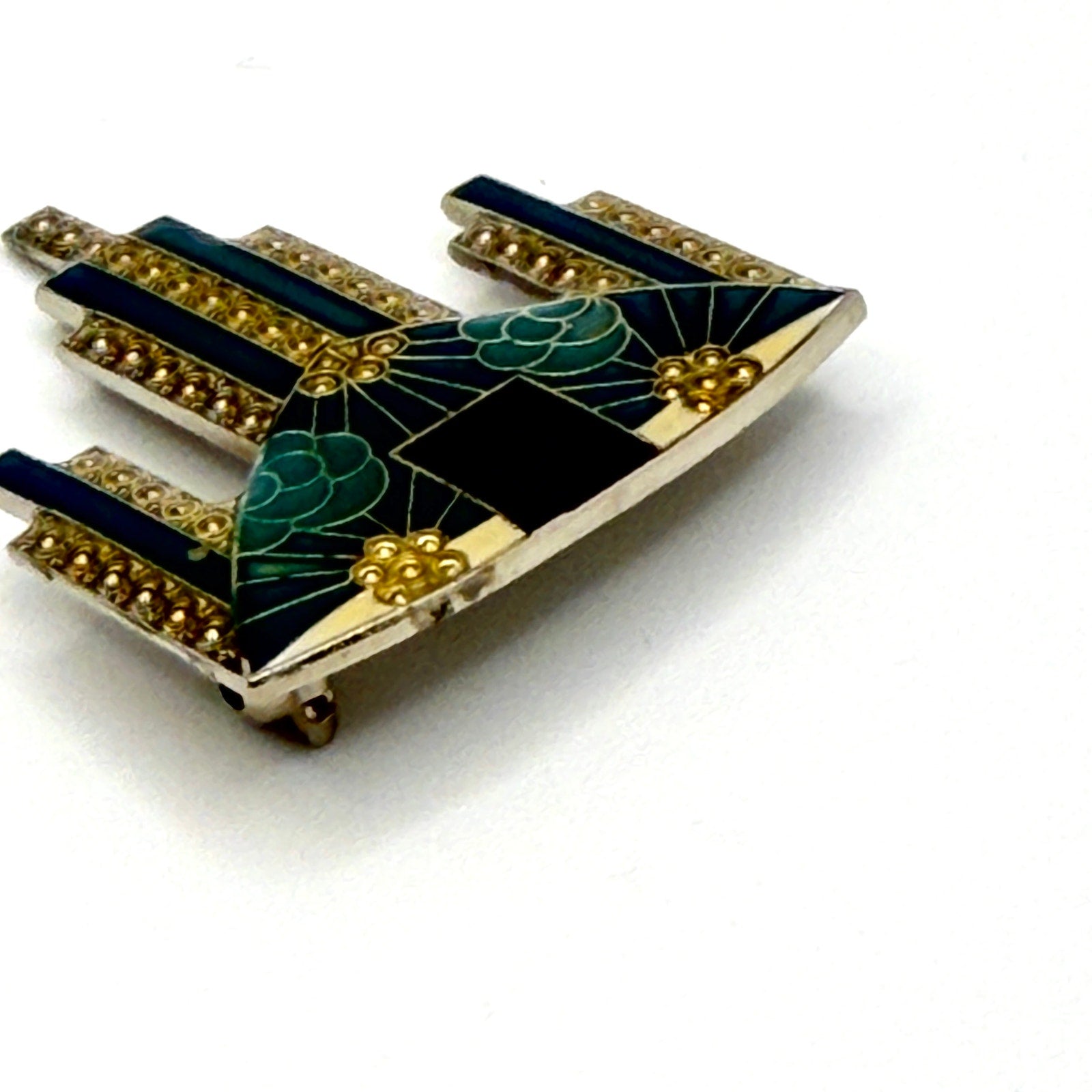 Vintage 90s Teal Enamel Gold Tone Art Deco Revival Geometric Fan Brooch Pin