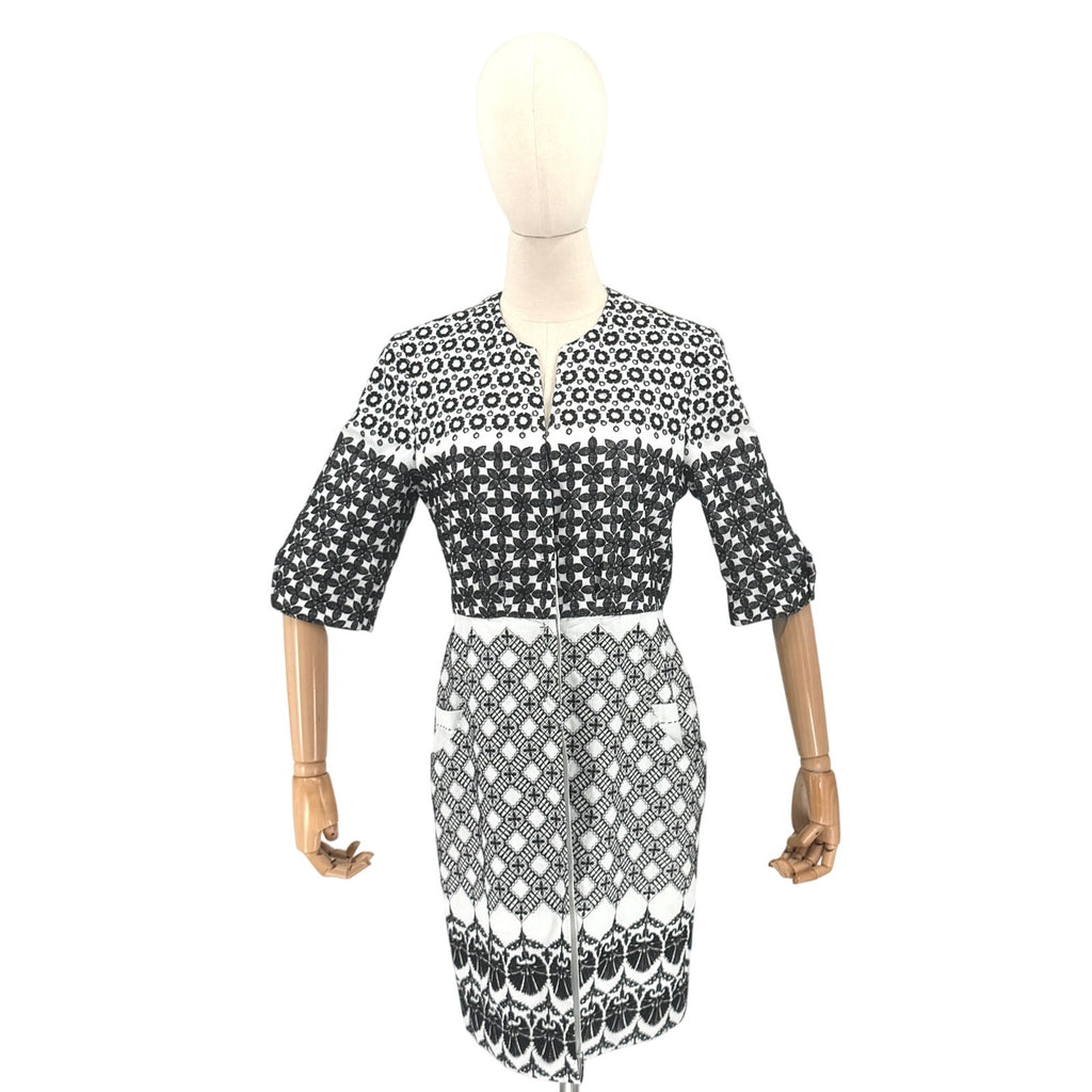 Elie Tahari Black White 100% Cotton Embroidered Eyelet Shift Coat Dress