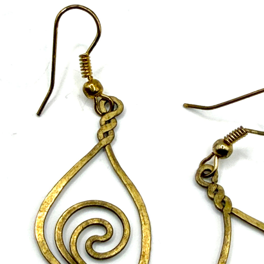 Vintage 90s Brass Abstract Spiral Hammered Texture Dangle Earrings
