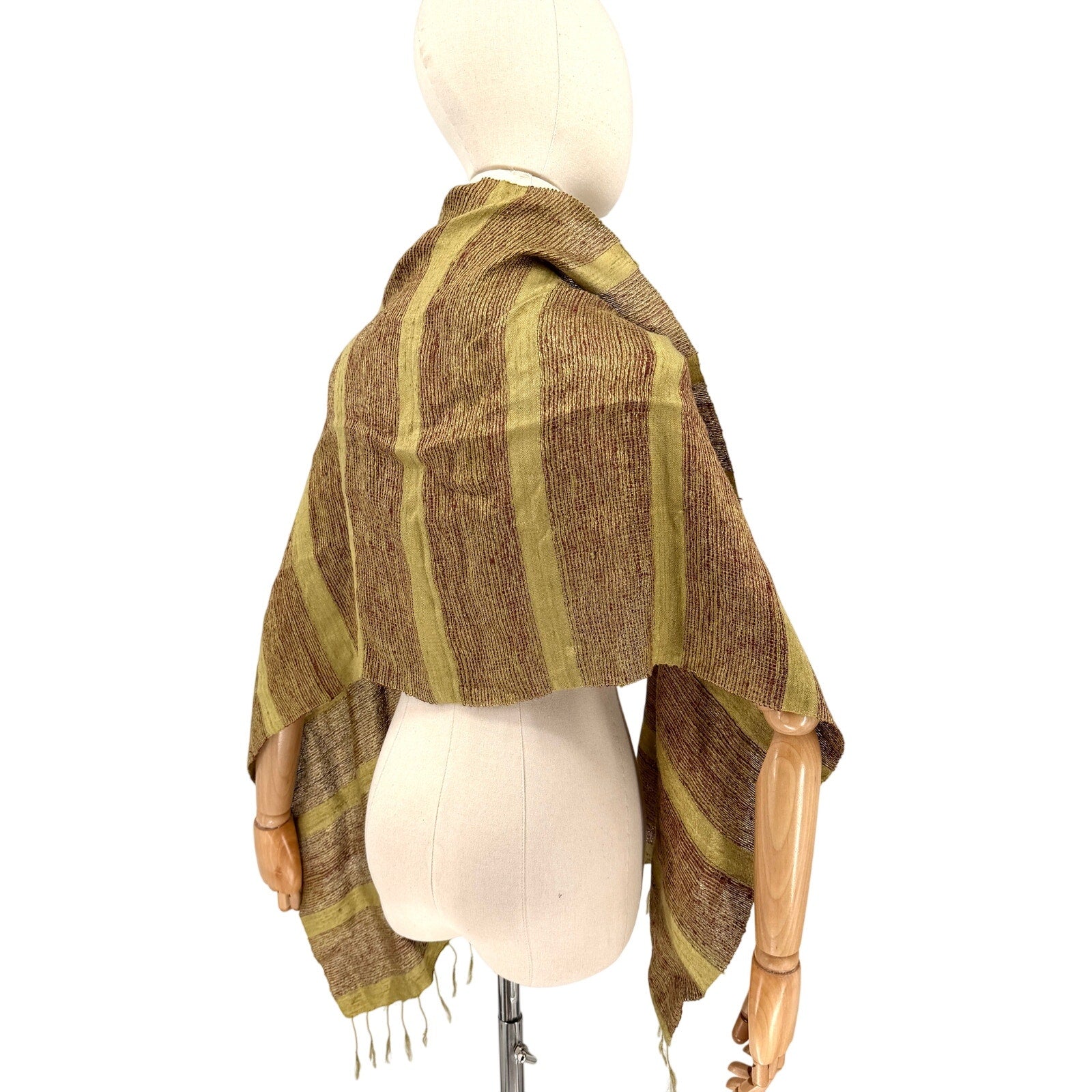 Olive Green Red Striped 100% Raw Silk Fringed Artisan Scarf Wrap