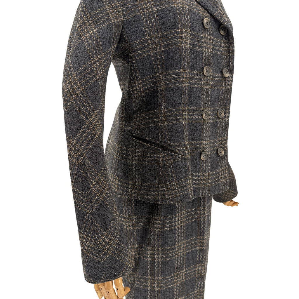 Vintage 90s Emanuel Ungaro Gray Wool Plaid Double Breasted Blazer Skirt Suit