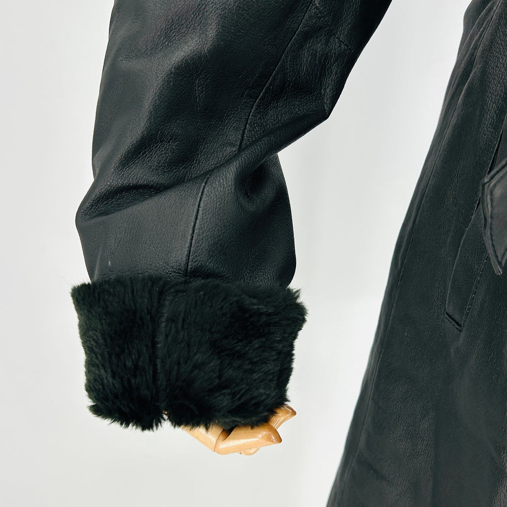 Vintage Y2K KC Collections Black Genuine Leather Faux Fur Trim Wrap Trench Coat