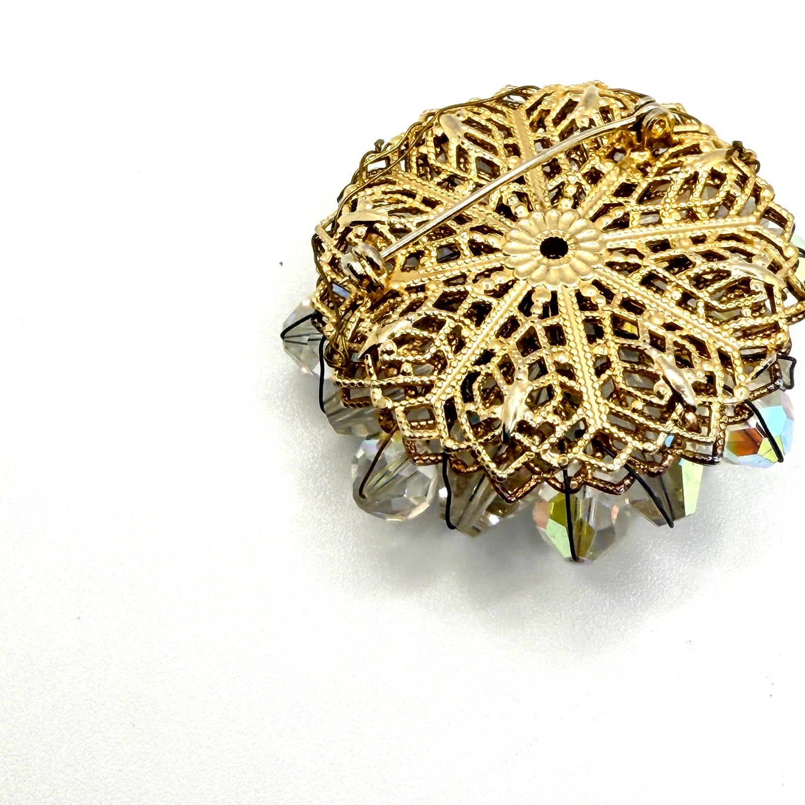 Vintage 50s Clear Aurora Borealis Crystal Glamour Wire Wrapped Cluster Brooch