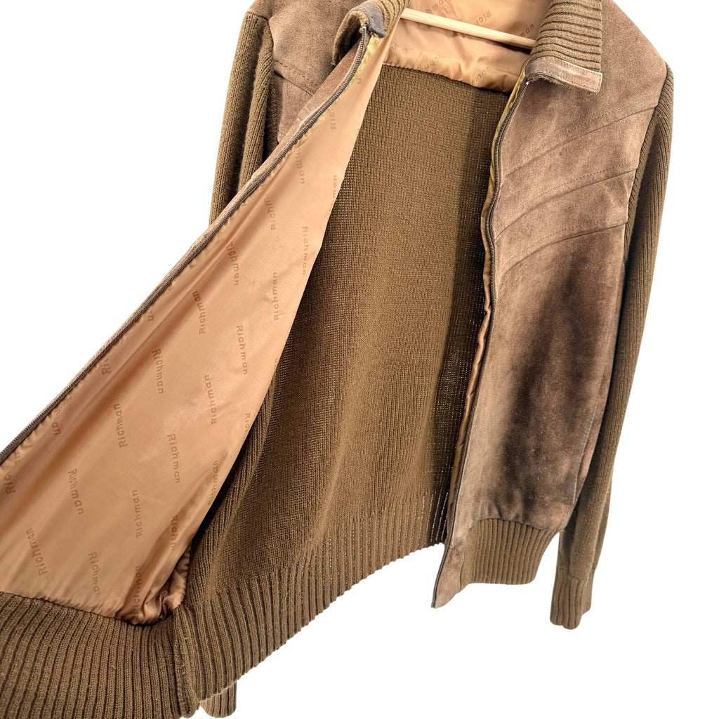 Vintage 70s Richman Brown Genuine Leather Knit Western Bomber Jacket