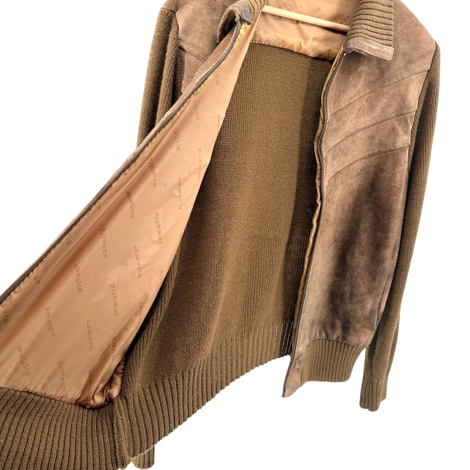 Vintage 70s Richman Brown Genuine Leather Knit Western Bomber Jacket