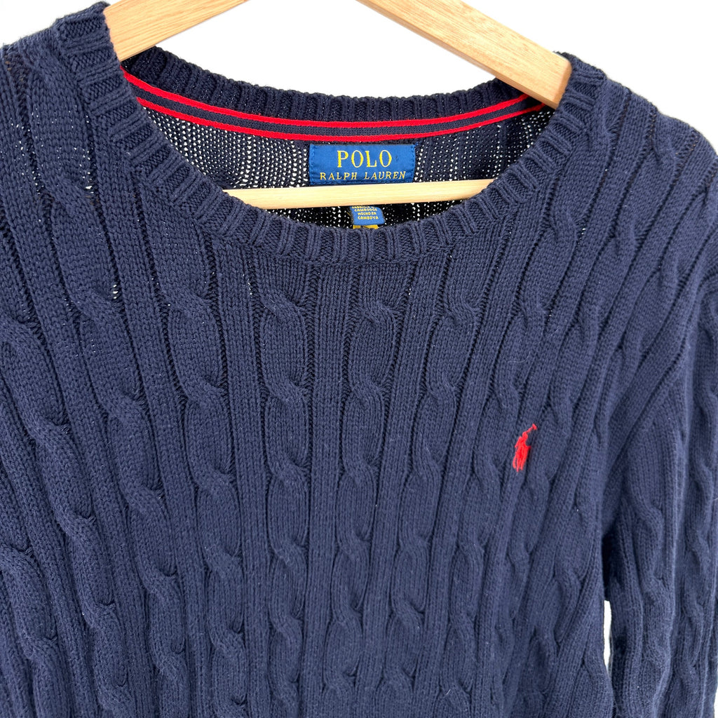 Polo Ralph Lauren Navy Blue 100% Cotton Classic Cable Knit Crewneck Sweater