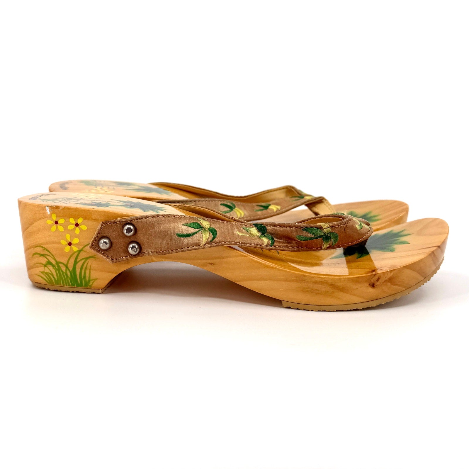 Vintage 90s Woodies Tan Wood Tropical Embroidered Satin Studded Clog Sandals