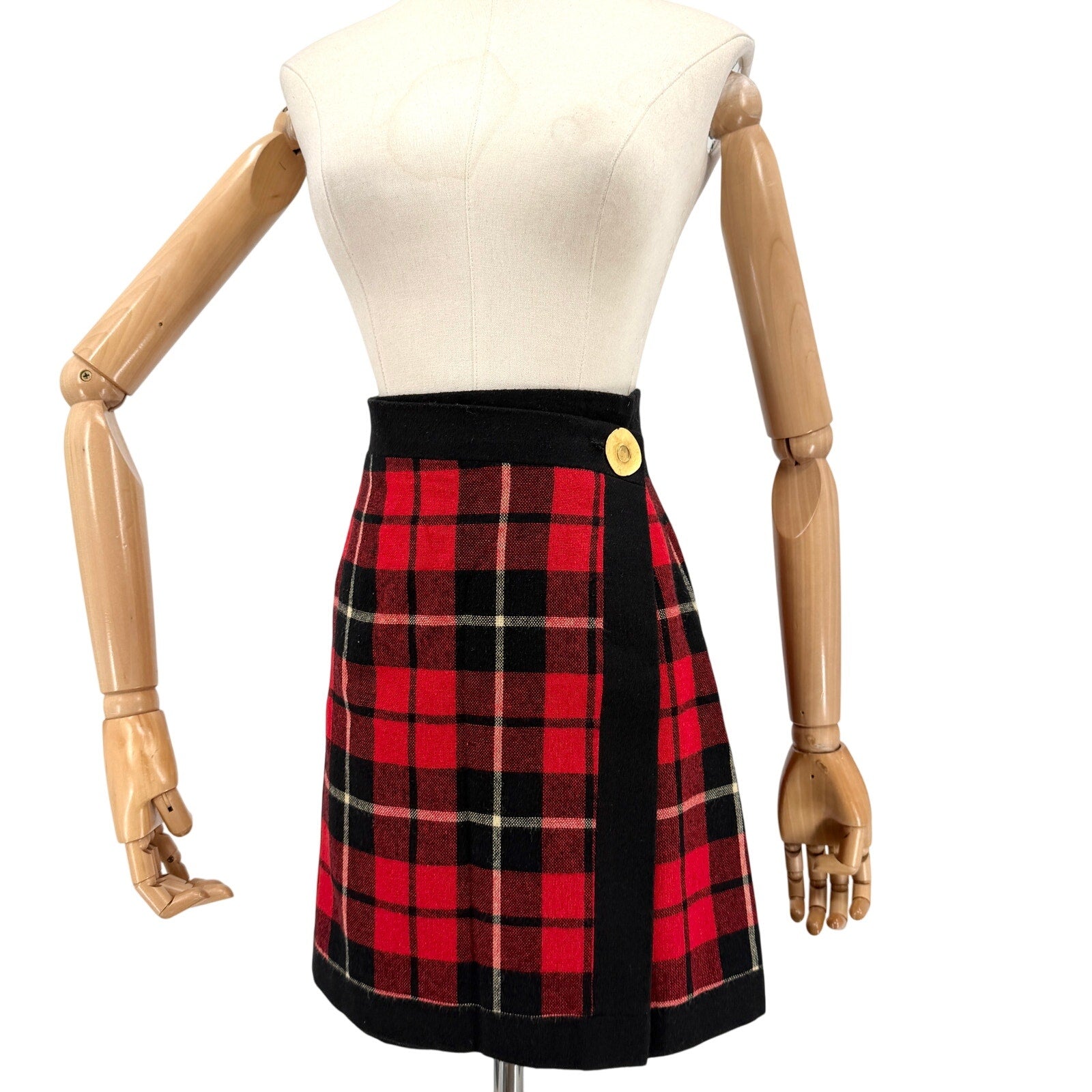 Vintage 90s Express Red Black Plaid Tartan Mini Wrap Skirt