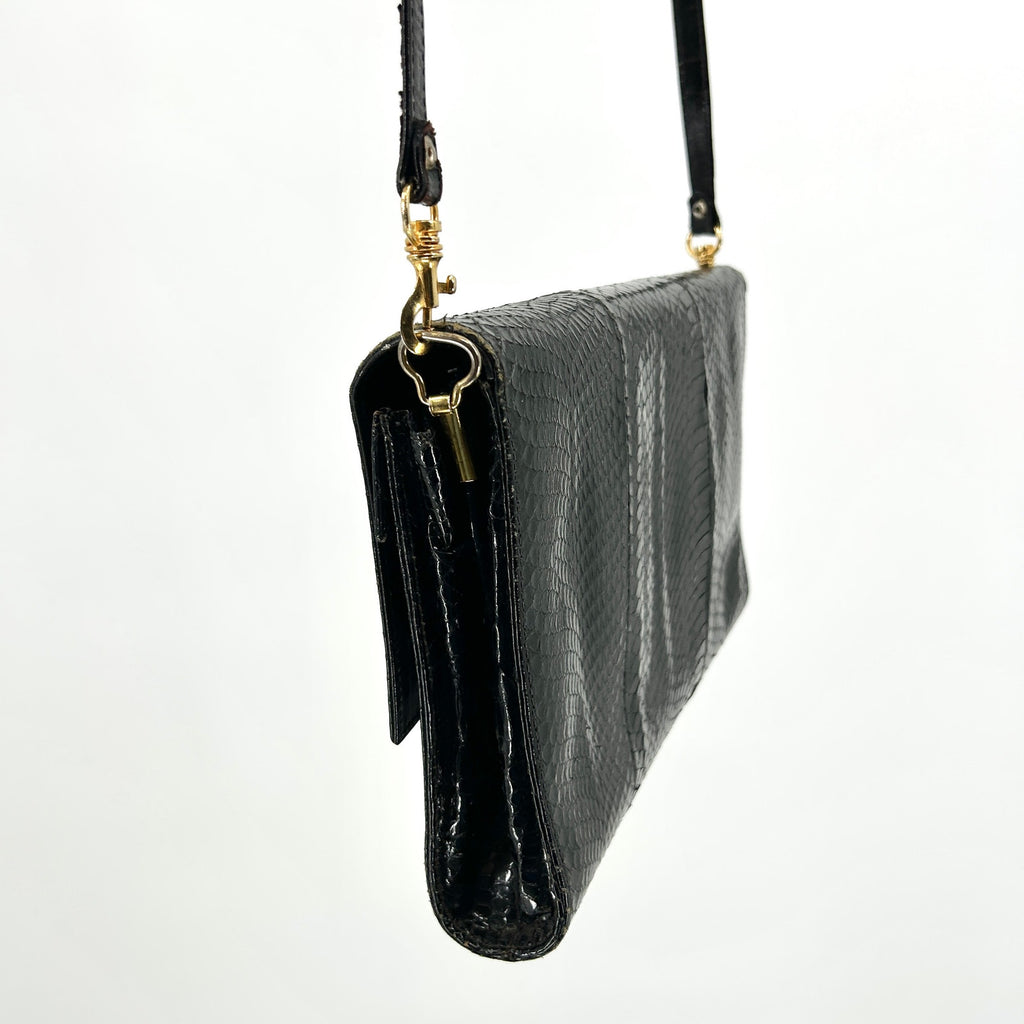 Vintage 80s Black Genuine Snakeskin Gold Hardware Crossbody Clutch
