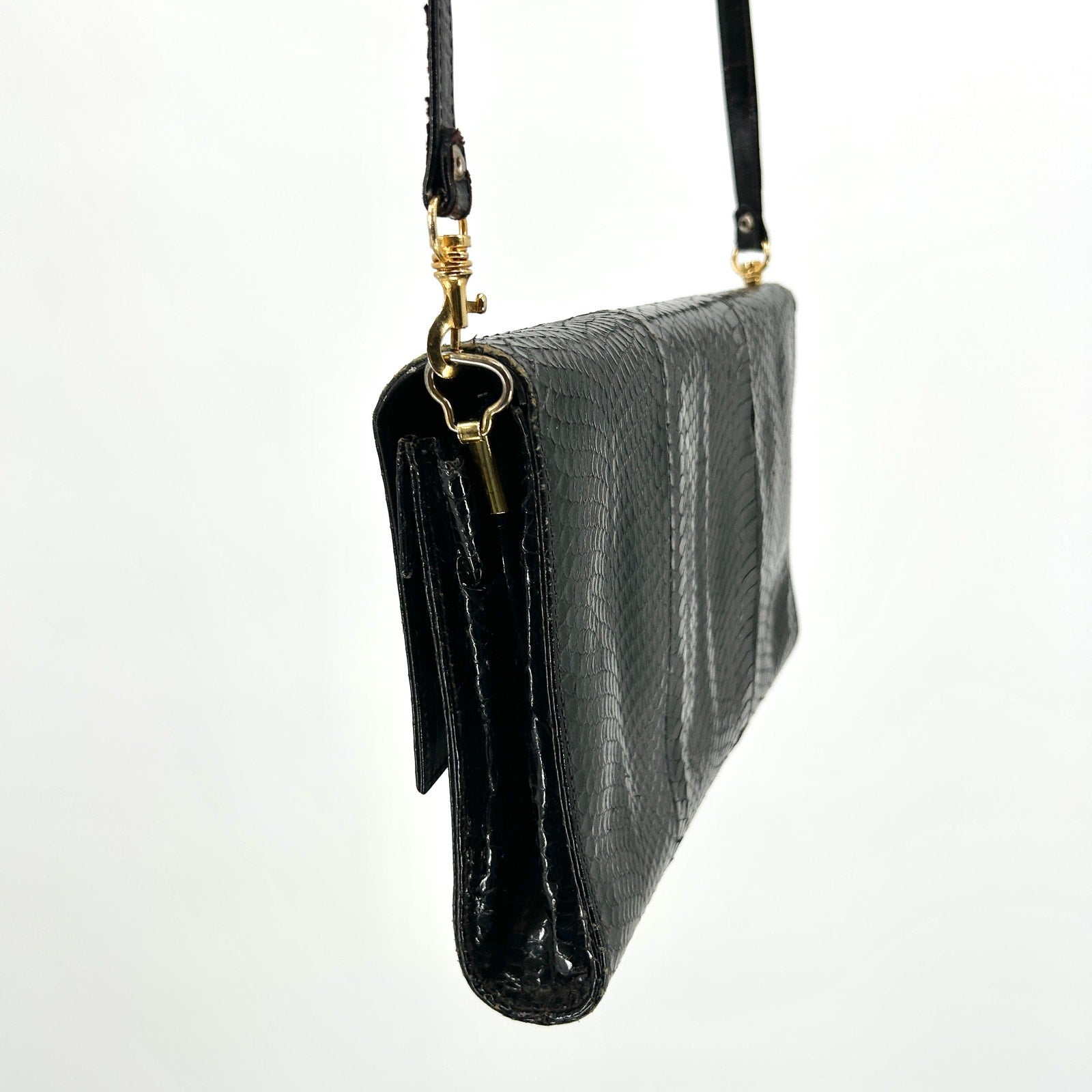 Vintage 80s Black Genuine Snakeskin Gold Hardware Crossbody Clutch