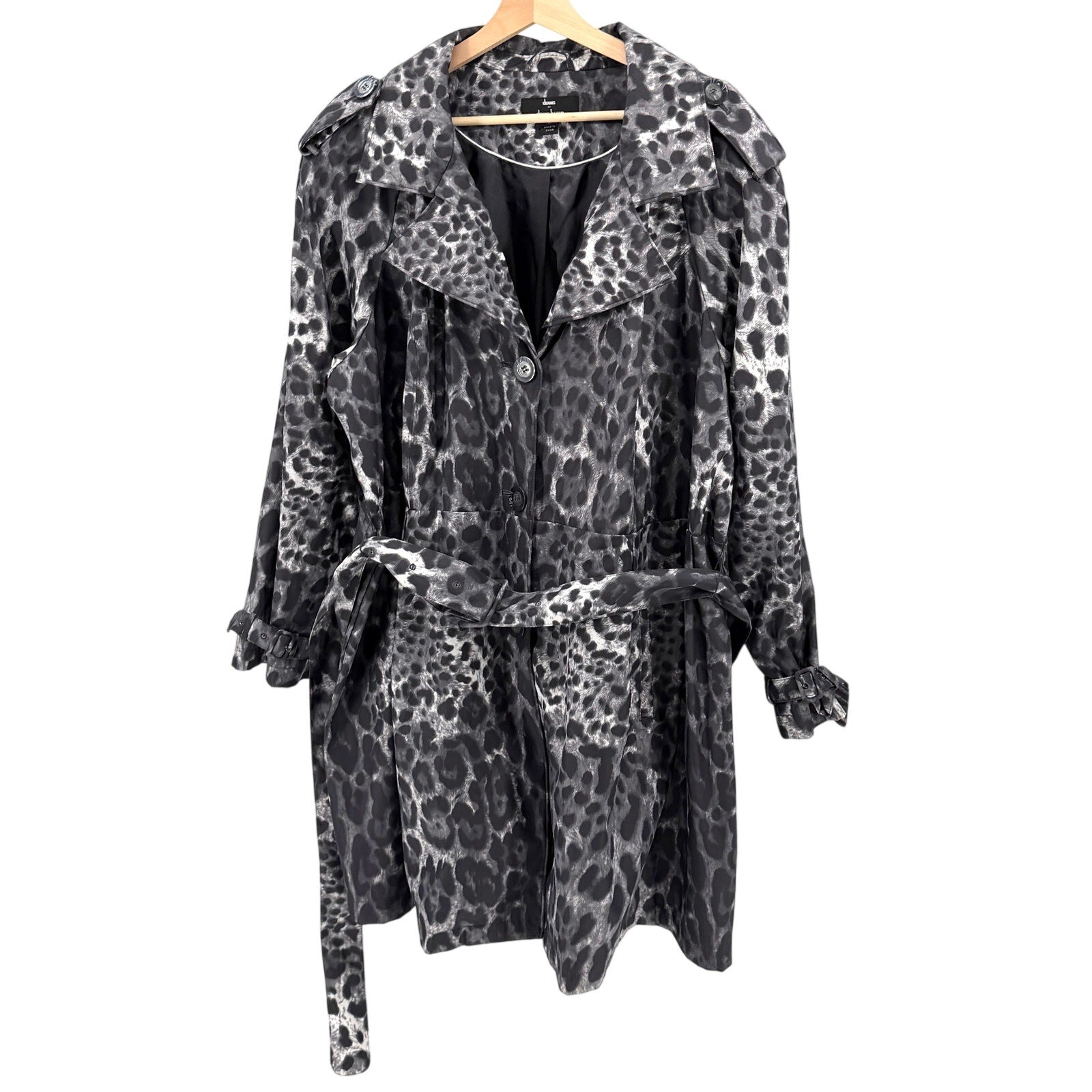 Dennis by Dennis Basso Gray White Leopard Print Trench Raincoat