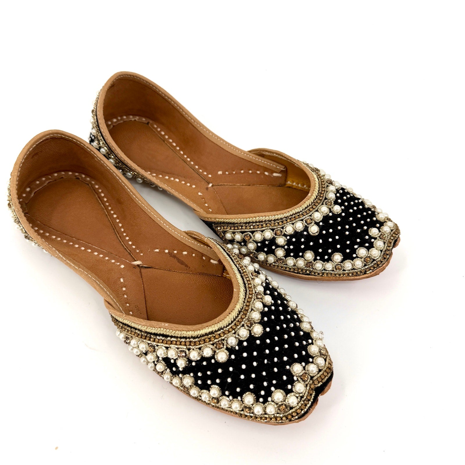 Black Velvet Genuine Leather Embellished Jutti Flats