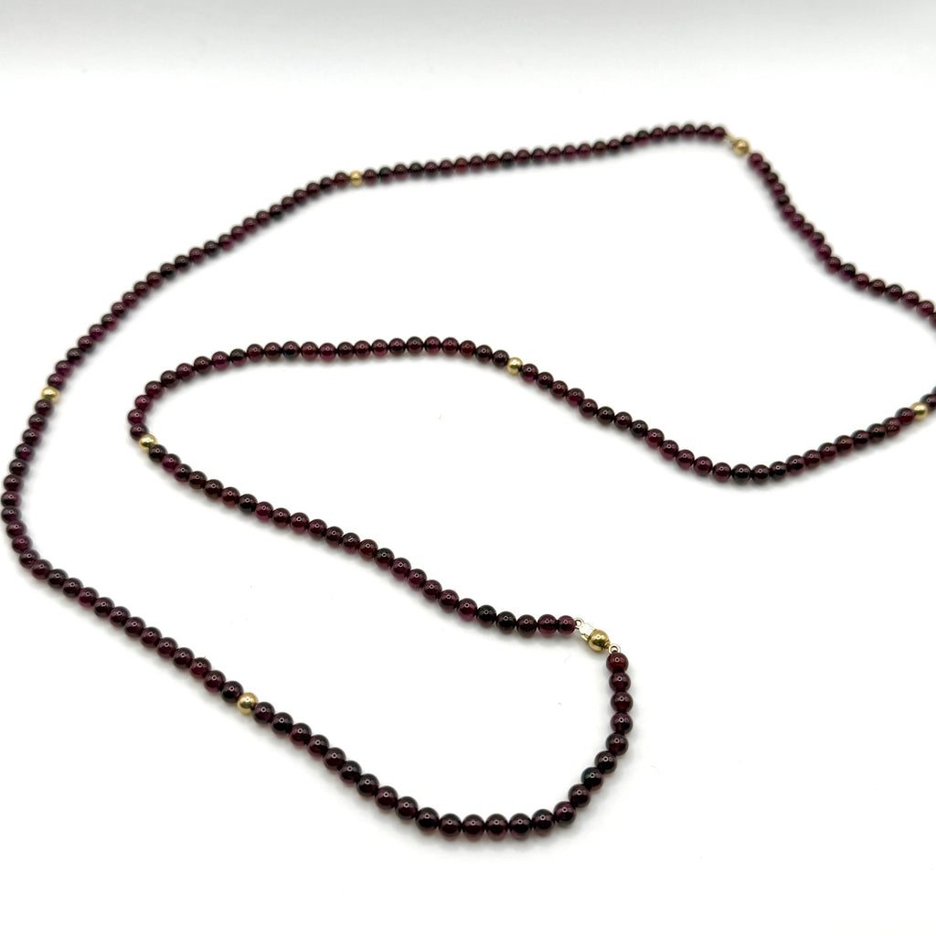 Vintage 90s Deep Red Genuine Garnet Beaded Gold Accent Spacer Strand Necklace