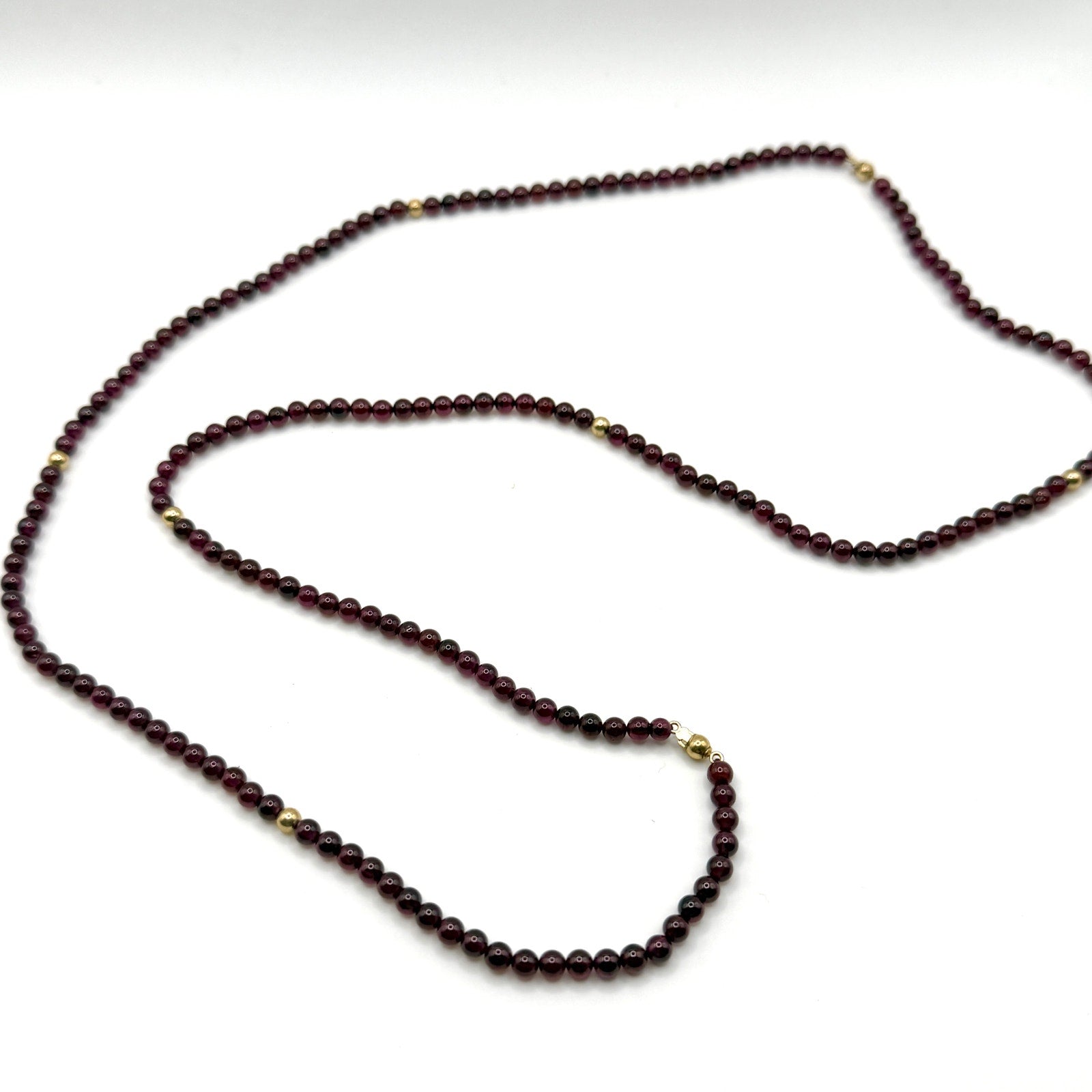 Vintage 90s Deep Red Genuine Garnet Beaded Gold Accent Spacer Strand Necklace