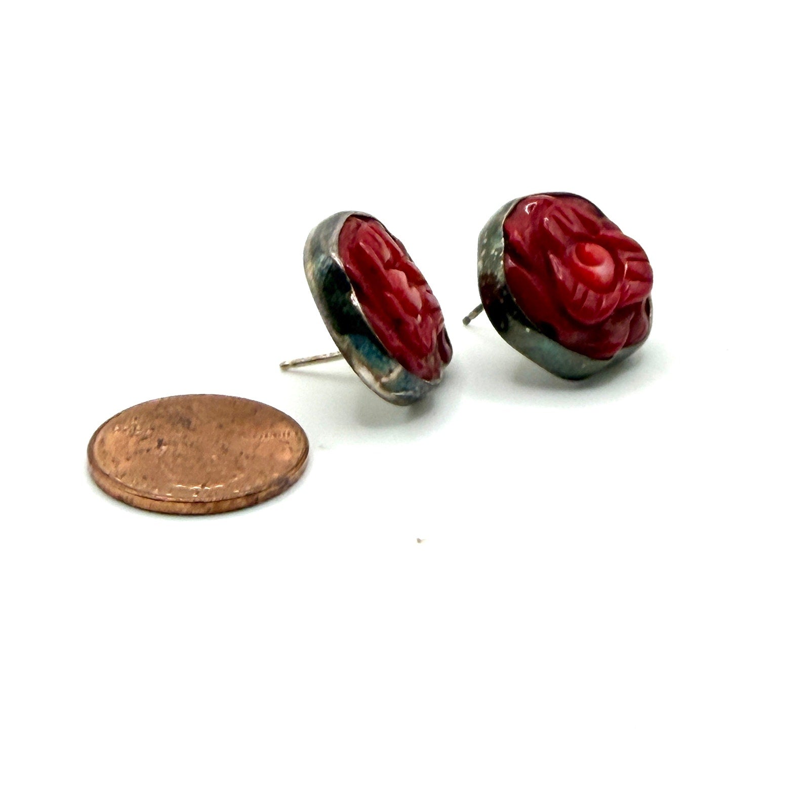 Vintage 90s Sterling Silver Red Coral Handcarved Artisan Rose Stud Earrings