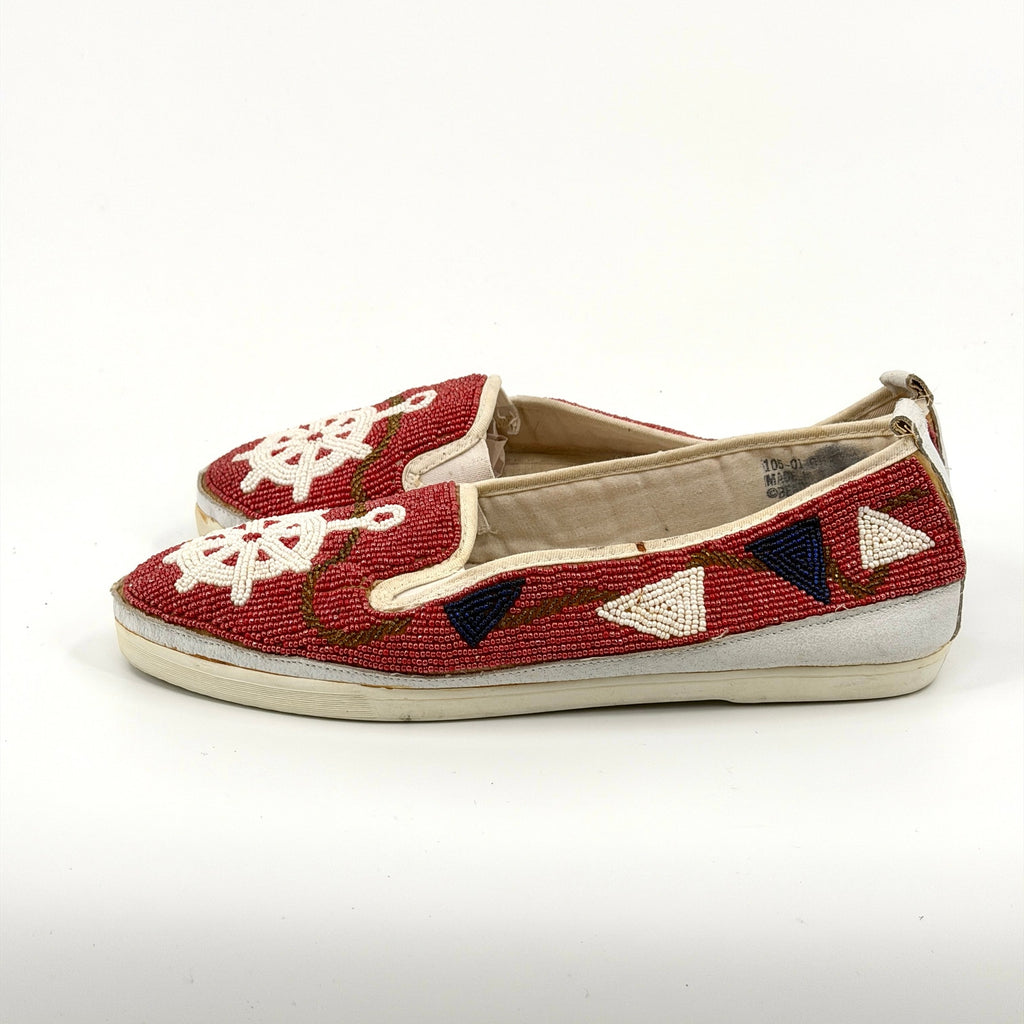 Vintage 80s Beadz Nautical Beaded Red Canvas Slip On Shoes