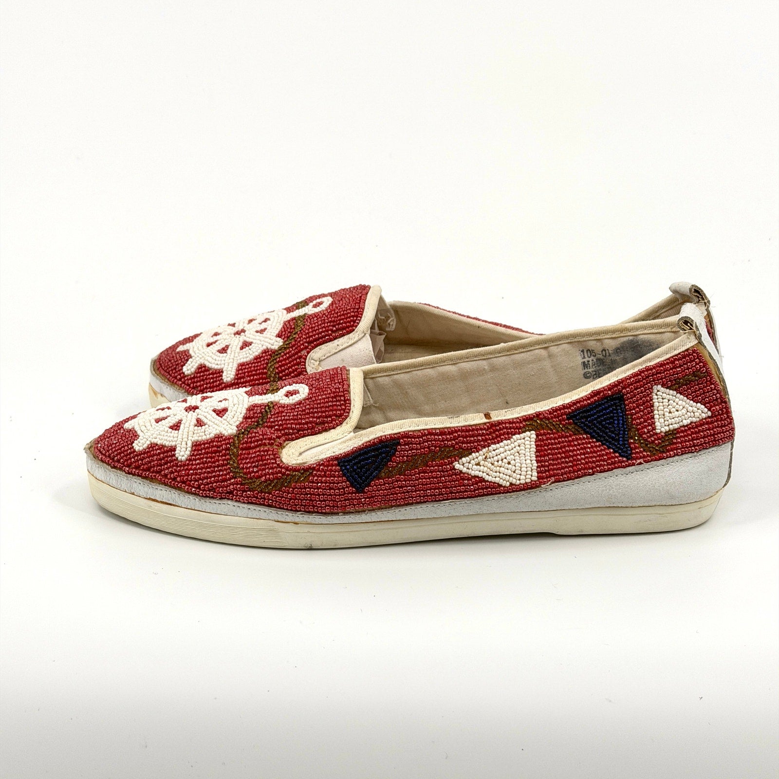 Vintage 80s Beadz Nautical Beaded Red Canvas Slip On Shoes