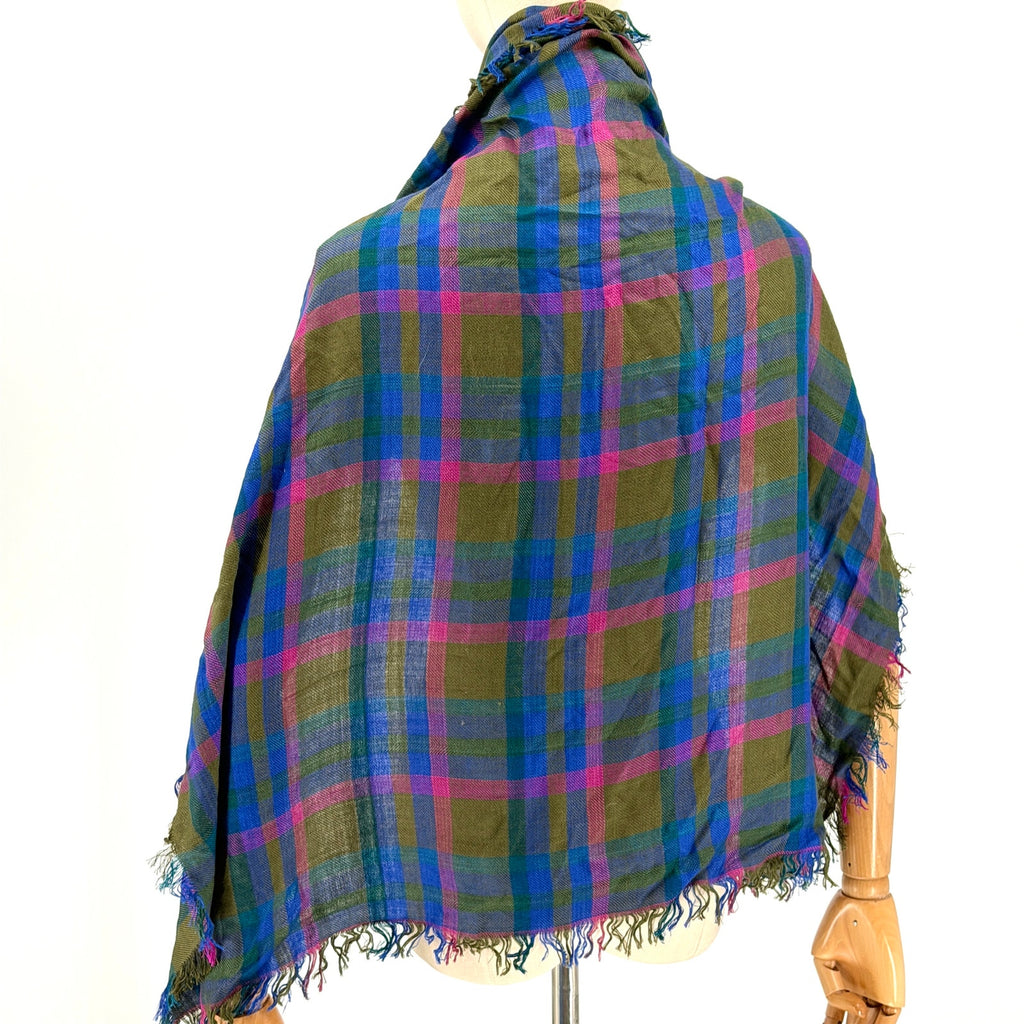 Vintage 70s Echo Olive Blue Pink Plaid Square Scarf